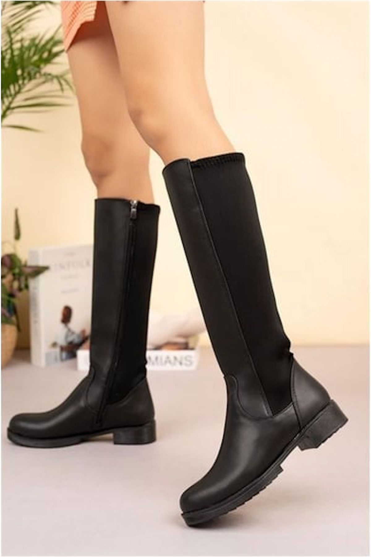 Imagine-Lofty Leather Look Zippered Back Flexible Stretch Below Knee Long Boots 5