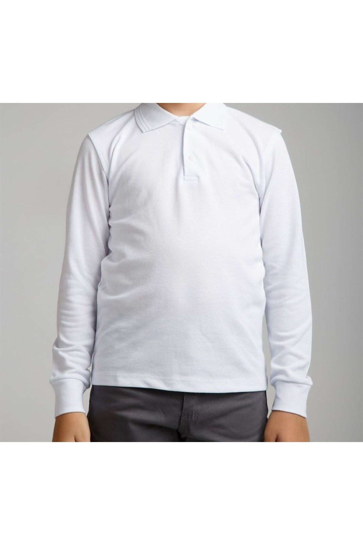 QKK Beyaz Polo Yaka Lakost T-shirt Uzun Kollu Okul Tişörtü