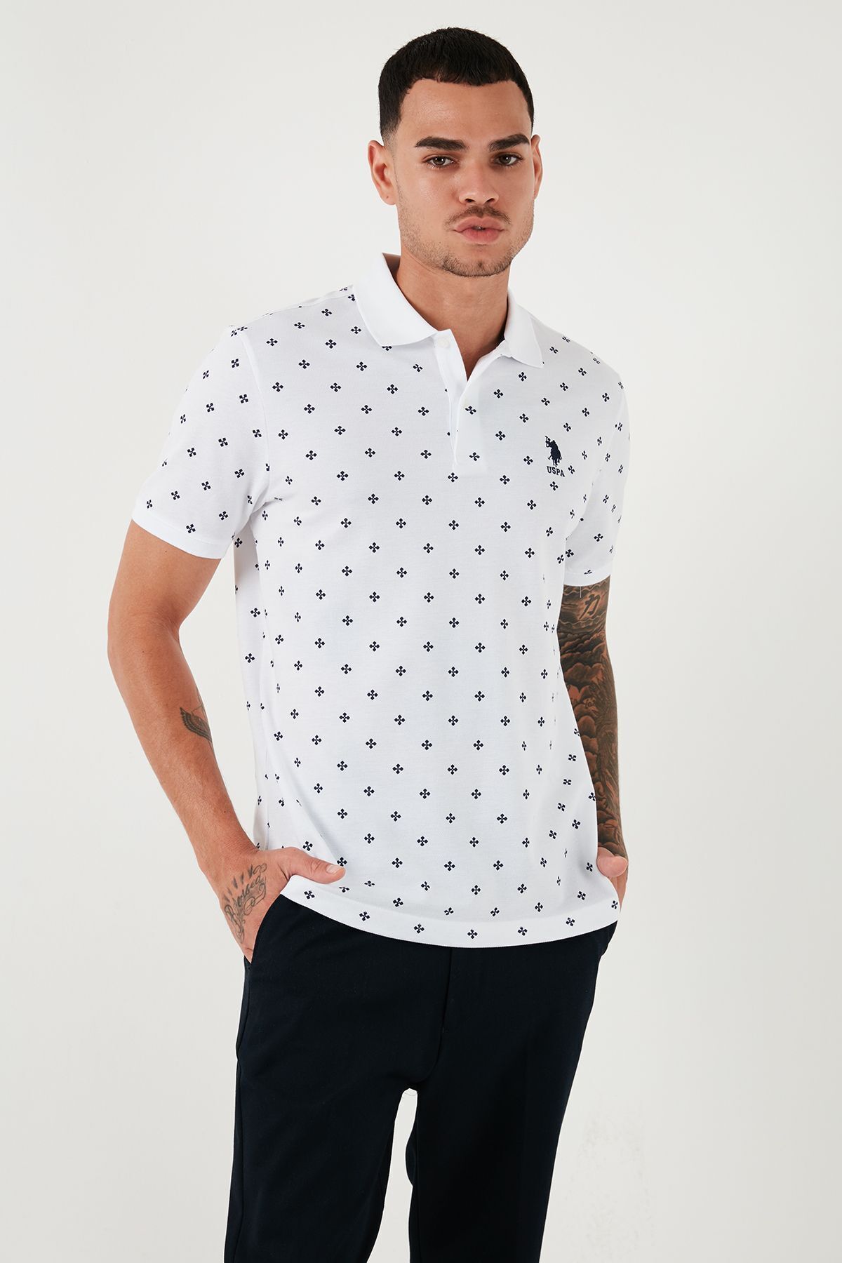 تی شرت یقه پولو سفید مردانه پایه پنبه چوگان به طور منظم تناسب YAKA U.S. Polo Assn.