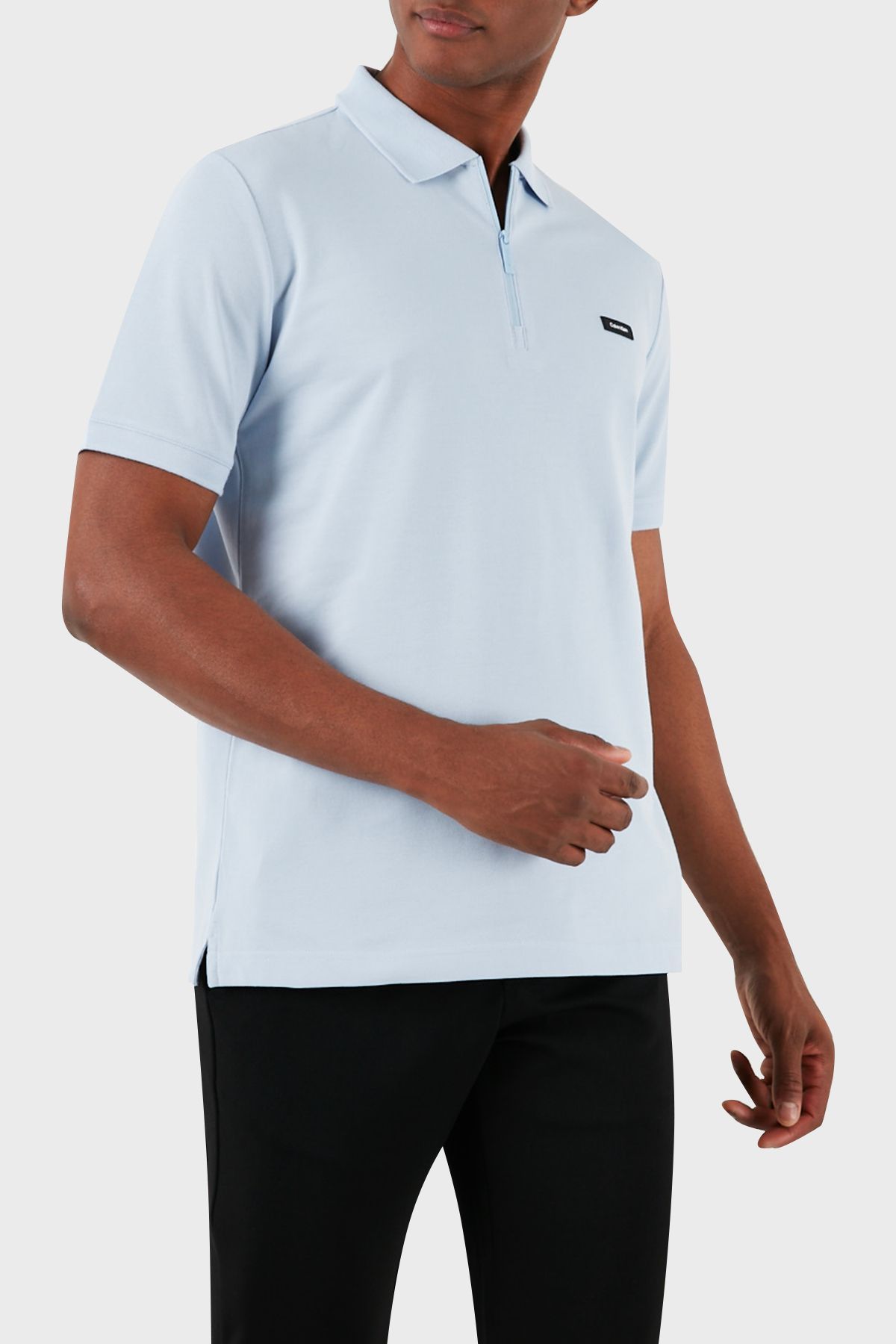 تی شرت یقه پولو آبی مردانه پنبه مخلوط زیپ چوگان Yaka Tring K10K112478CGK K10K1 Calvin Klein