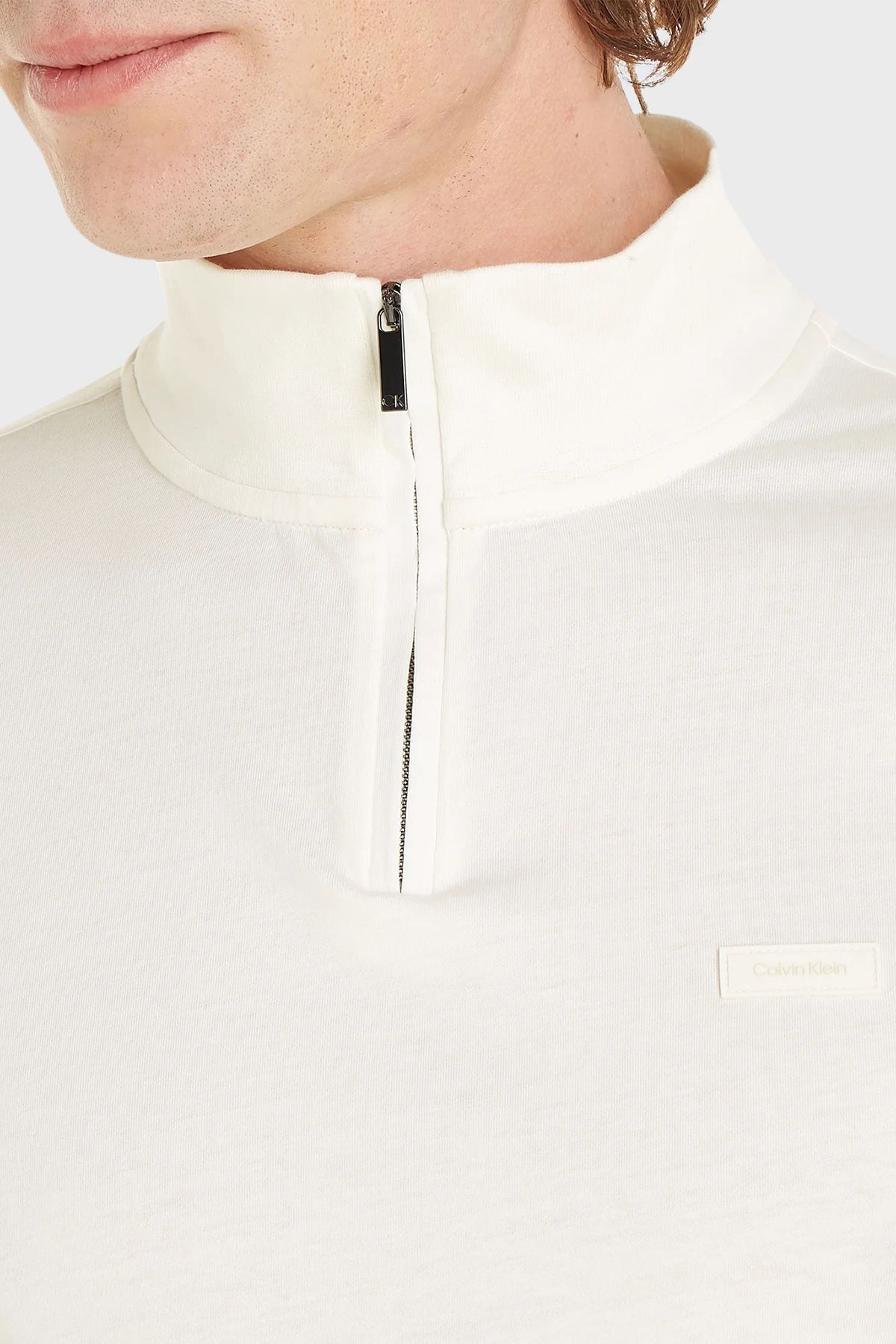 سویشرت سفید مردانه یقه Zippered Upright 100 ٪ پنبه معمولی عرق مناسب Calvin Klein