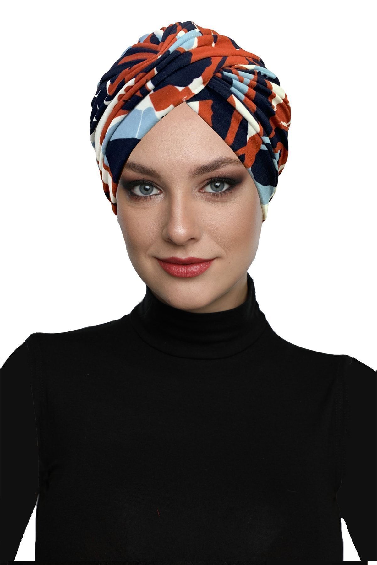 fidan bone-Sapling Patterned Cross Combed Cotton Tulip and Leaf Motif Four Colored Ready-Made Turban Hijab Pool Bonnet 1