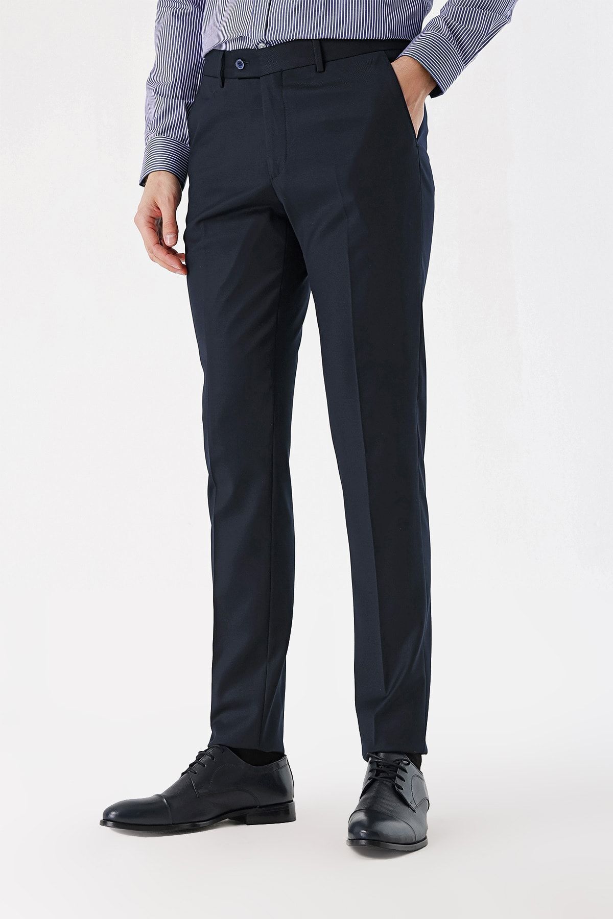 Morven-Men's Navy Blue Polyviscon Jacquard Slim Fit Classic Trousers 2