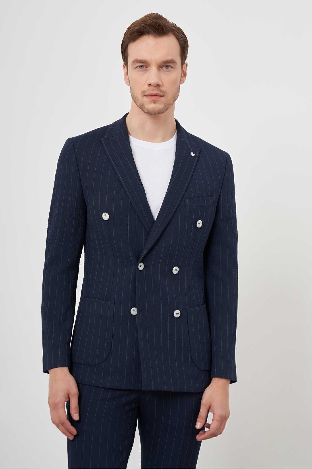 costume homme bleu marine en polyviscose trend à double boutonnage slim fit à col pointu