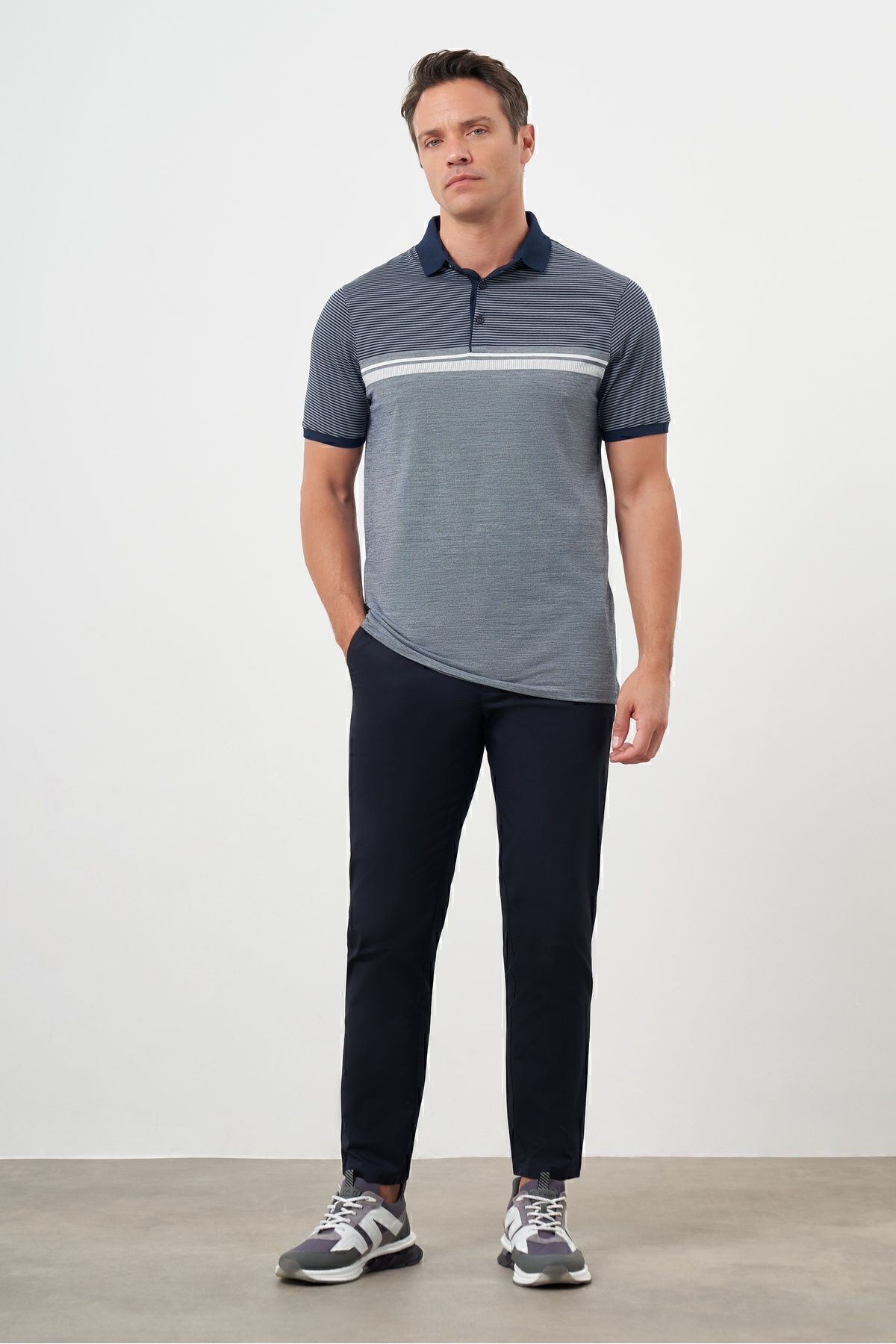 Morven-Men's Navy Blue Trend Striped Polo Neck Dynamic Fit T-Shirt 4