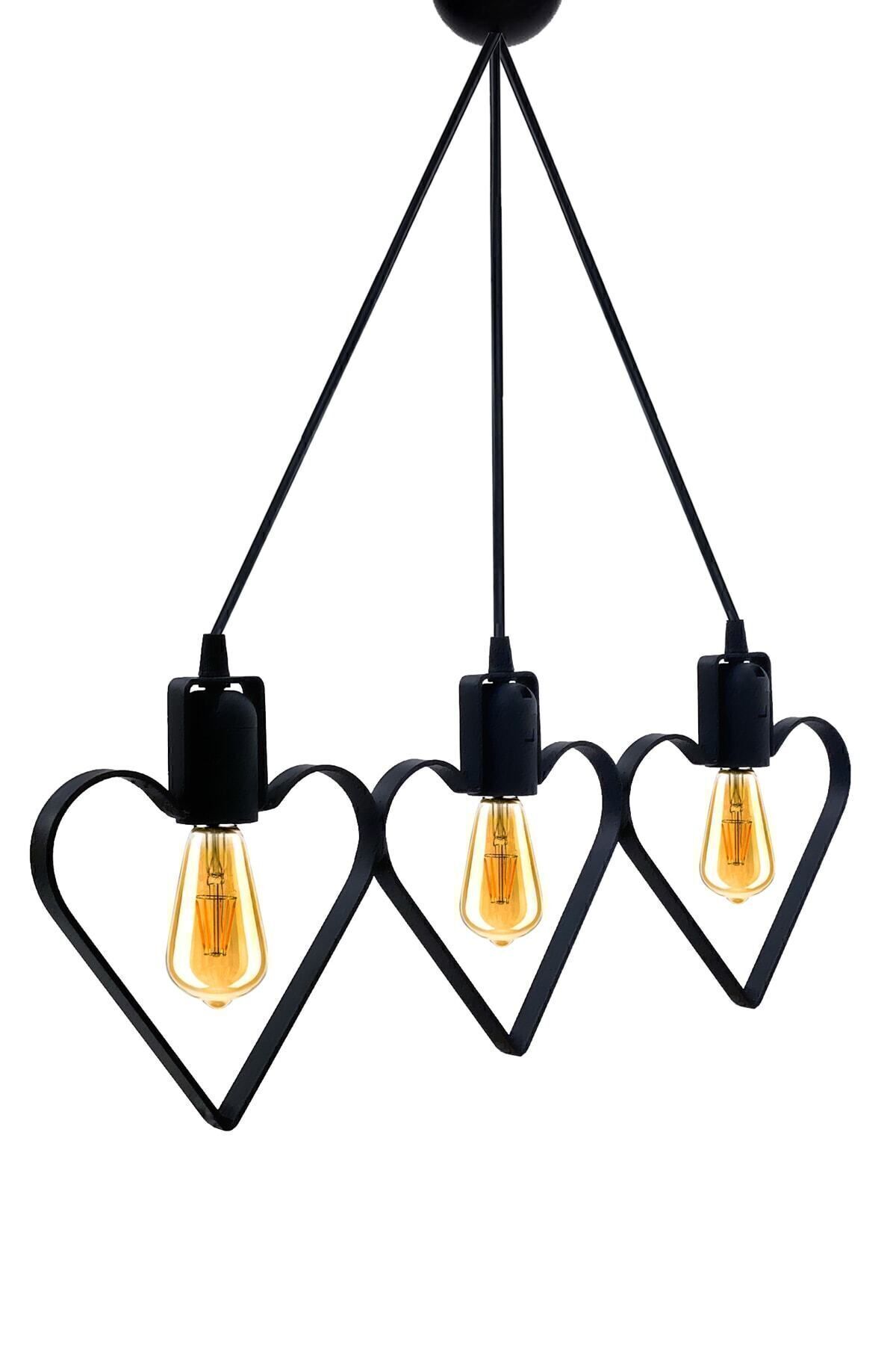 Heart 3-Piece Pendant Metal Black Wrought Iron Bedroom Rustic Ceiling Lamp with Heart