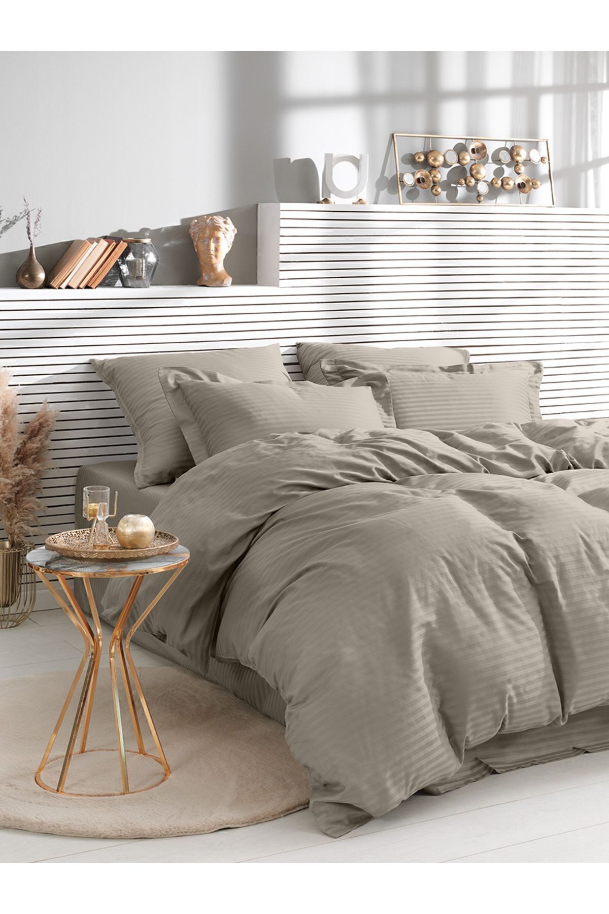 کاور لحاف دو نفره نود نوار نواری دوتایی نخی ساتن بژ Karna Home
