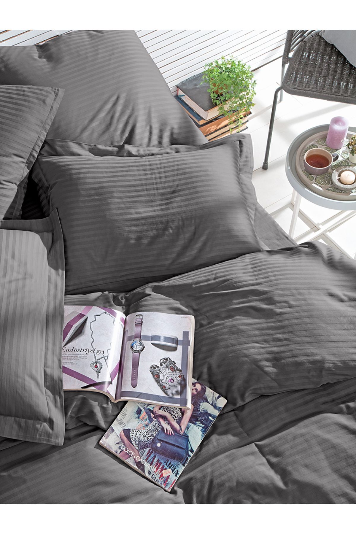 کاور لحاف دو نفره خاکستری نوار دوتایی پنبه ای راه Karna Home