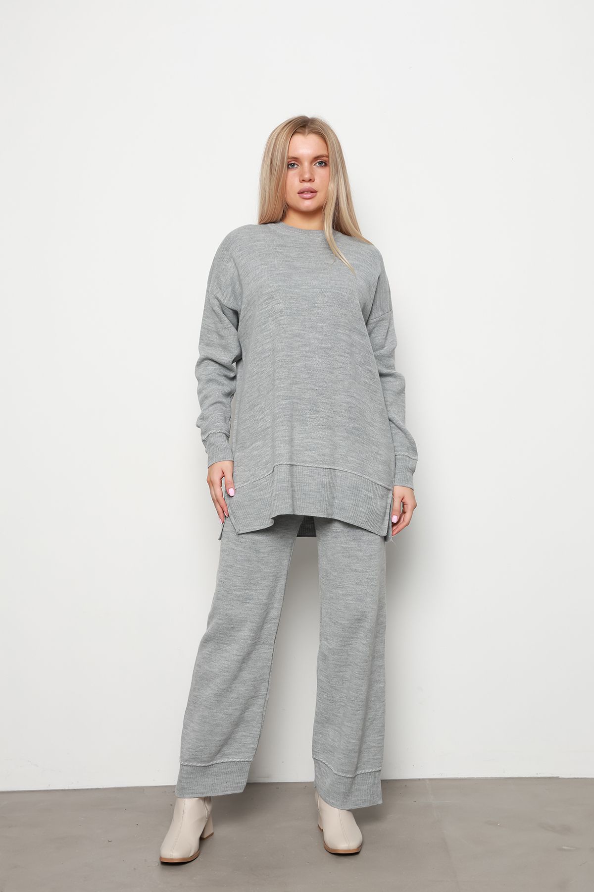 Double Knitwear Set with Collar and Hem Detail GRAY