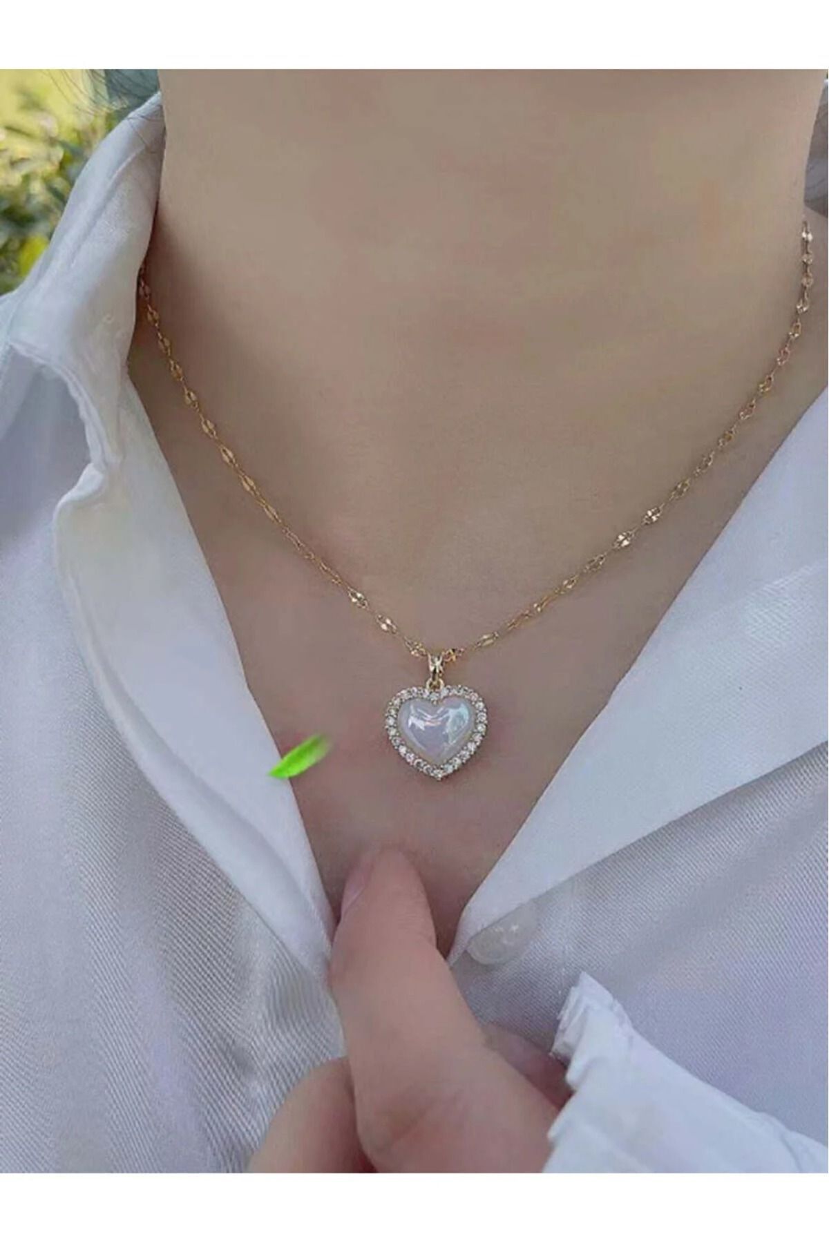 Gold Pearl Gemstone Heart Steel Necklace February 14th Valentine Gift