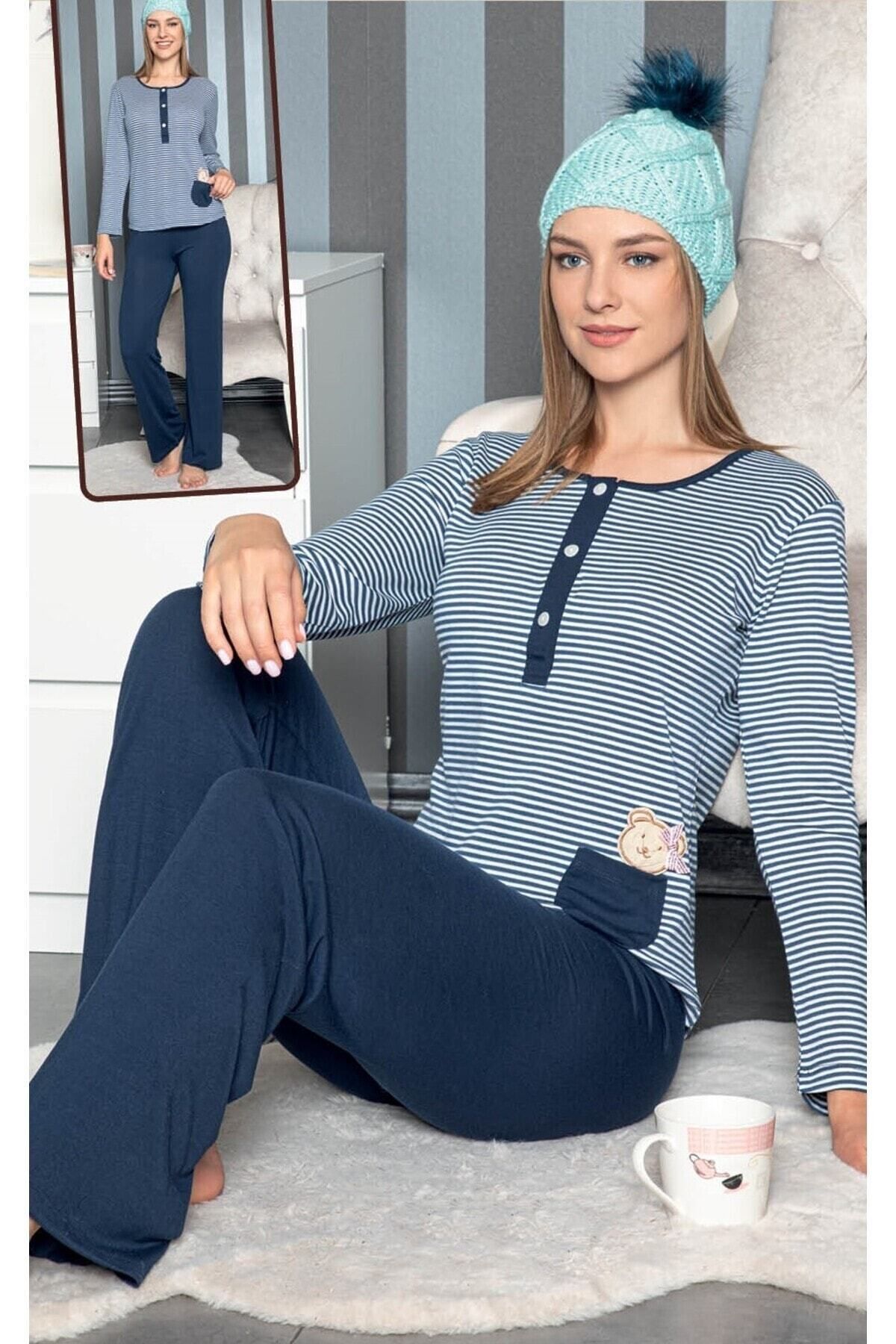 JENİKA-Women's Long Sleeve Striped Pajama Set 3