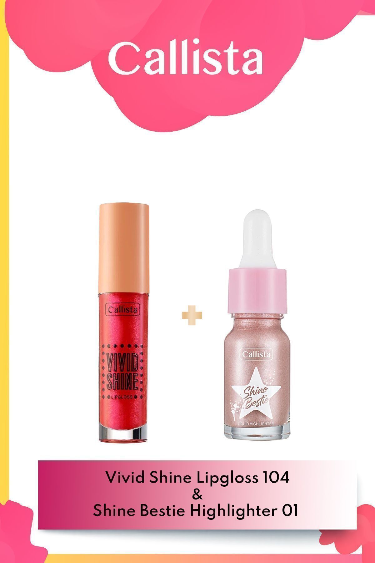 Vivid Shine Lipgloss Dudak Parlatıcısı 104 - Kırmızı & Shine Bestie Likit Aydınlatıcı 01 Makyaj Seti