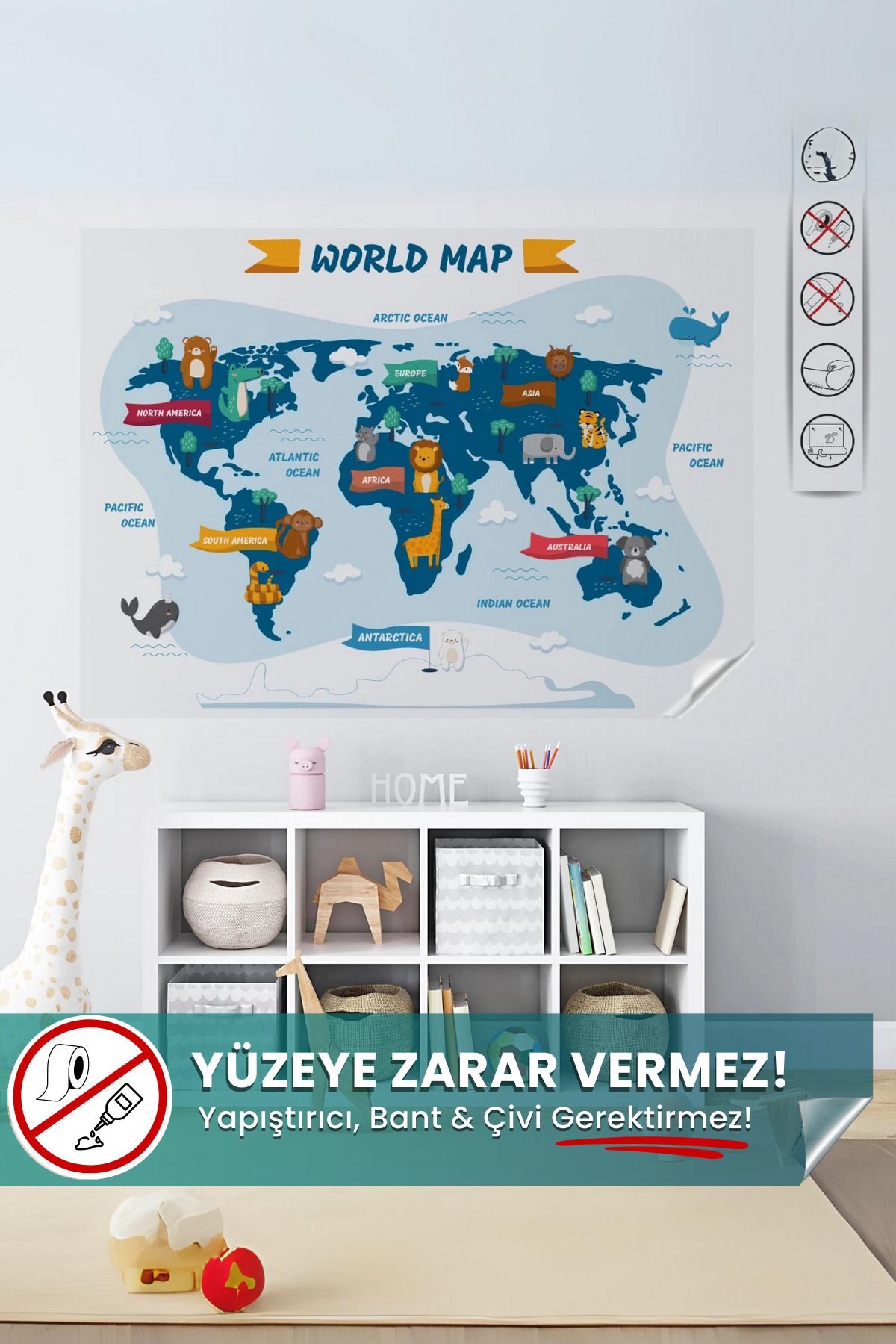 Hayvanlı Dünya Haritası, Çocuklar Için Eğlenceli Dünya Haritası, Eğitici Oyuncak Çocuk Odası Sticker