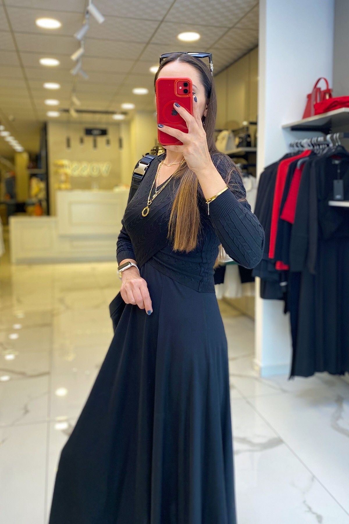 پلیور سیاه زنانه لباس در مد و سفید نیت بافتنی آستین بلند اورجینال Vosse