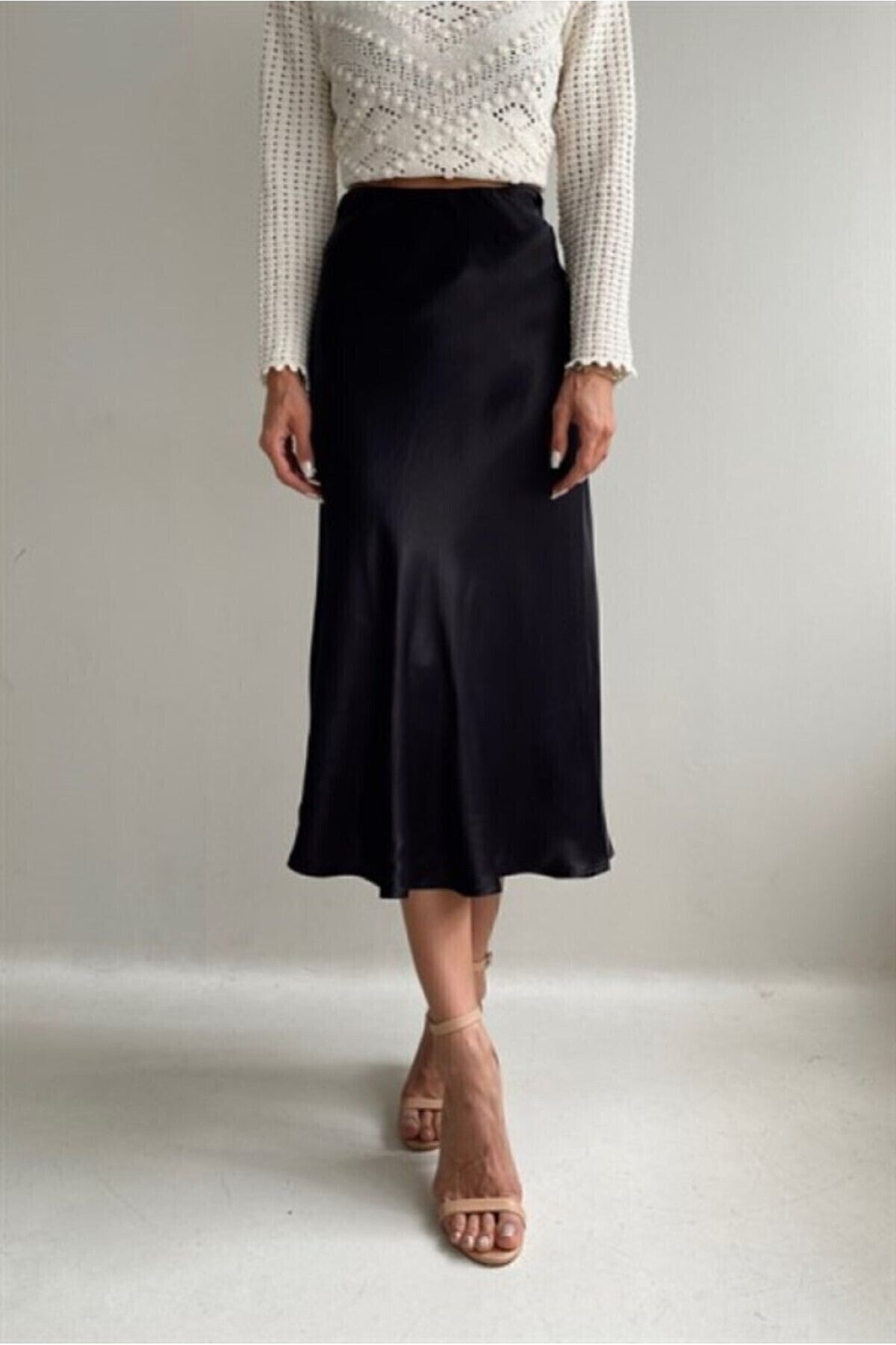 Hisleria-Satin Viscose Midi Length Black Skirt 2
