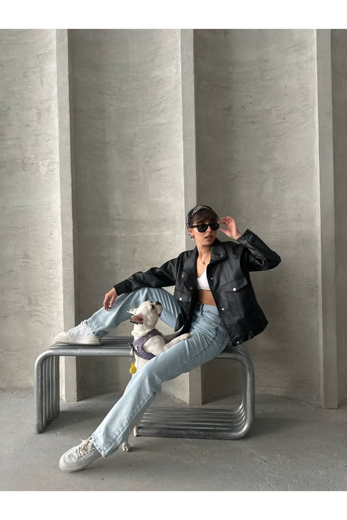 İLKCET MODA-Jachetă oversize din piele artificială pentru femei cu fermoar 4