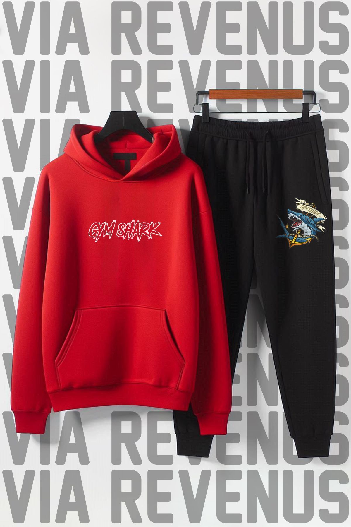 Vordevia Unisex Gym Shark Printed - Set De Trening Cu Glugă Din Material Moale, Potrivire Largă Unisex - S