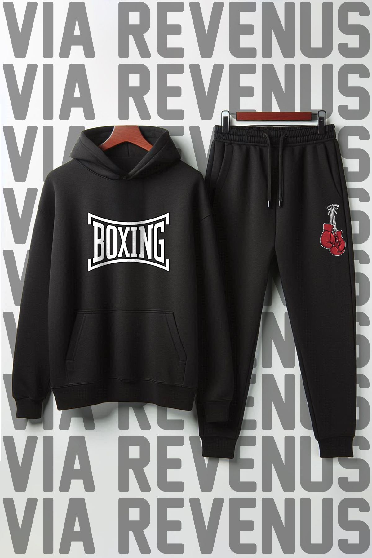 Vordevia Boks Eldiveni Baskılı Unisex Geniş Kalıp Yumuşak Kumaş Kapüşonlu Eşofman Takımı