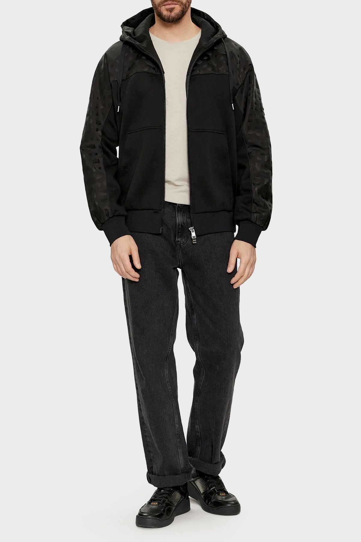 سویشرت مشکی مردانه پنبه آرم Zipper Hasted Mixed Fit Sweat عرق 001 BOSS