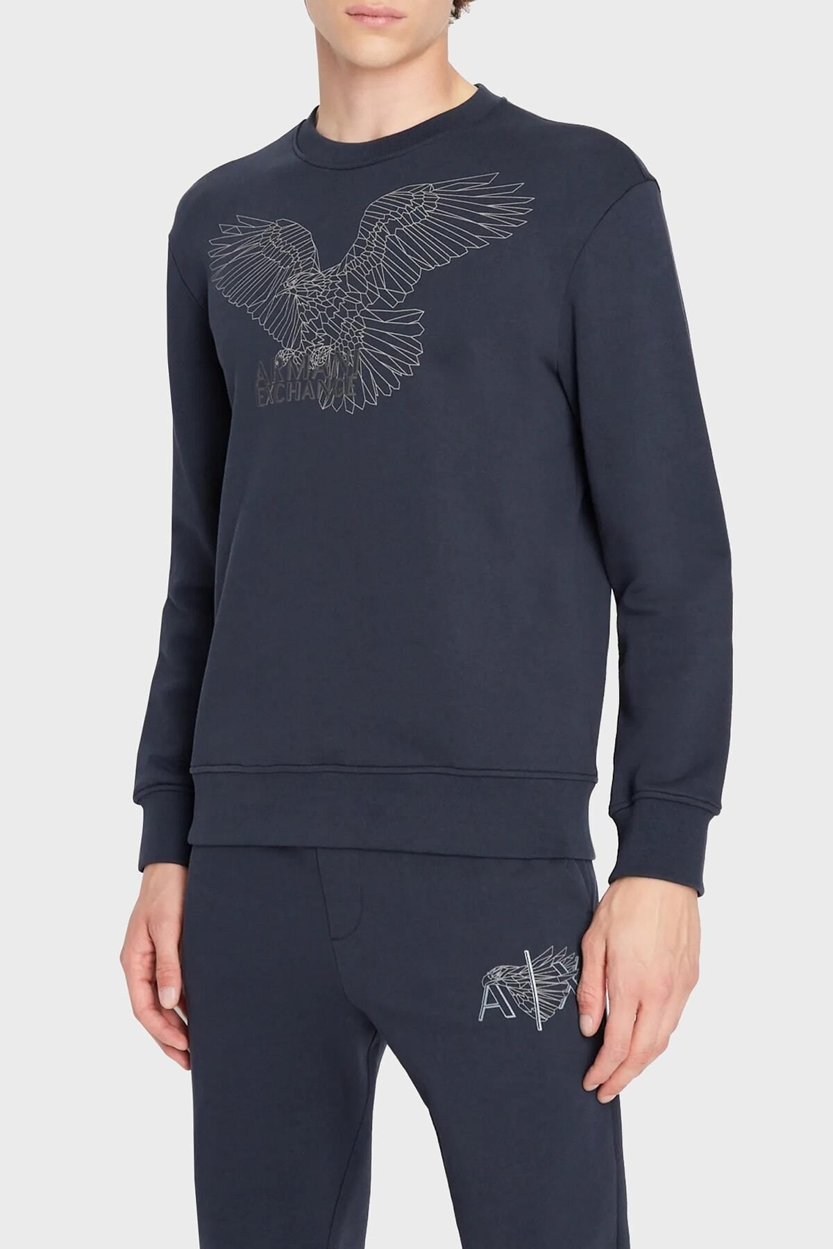 سویشرت آبی مردانه یقه دوچرخه مناسب طرح دار 100 ٪ عرق پنبه 6lzmhg zj6rz 1510 Armani Exchange
