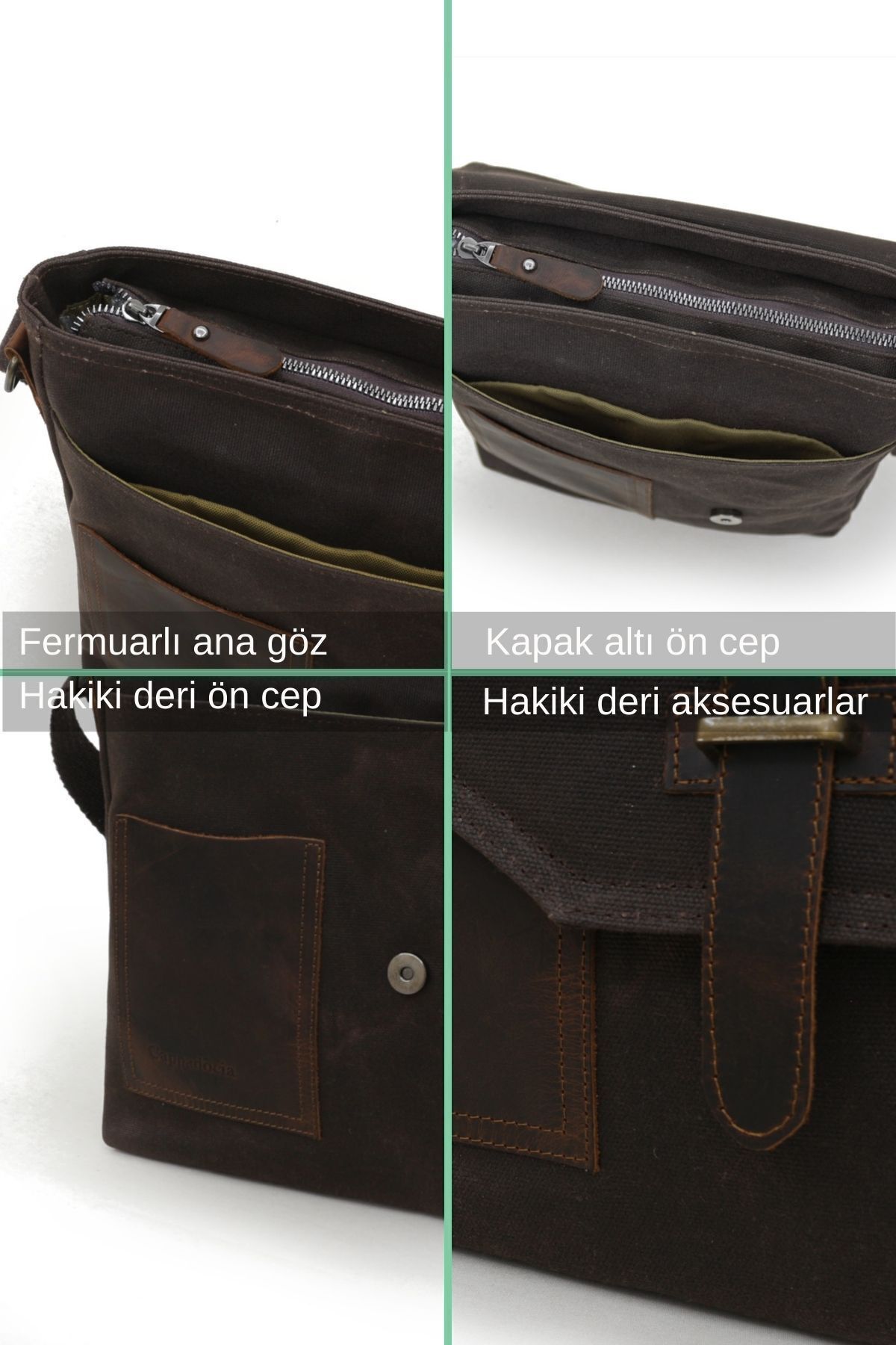 Cappadocia Vintage  Hakiki Deri 4035 Teos Acı Kahve Suya Dayanıklı Postacı Omuz Mumlu Kanvas Laptop Okul Çantası - Görsel 3