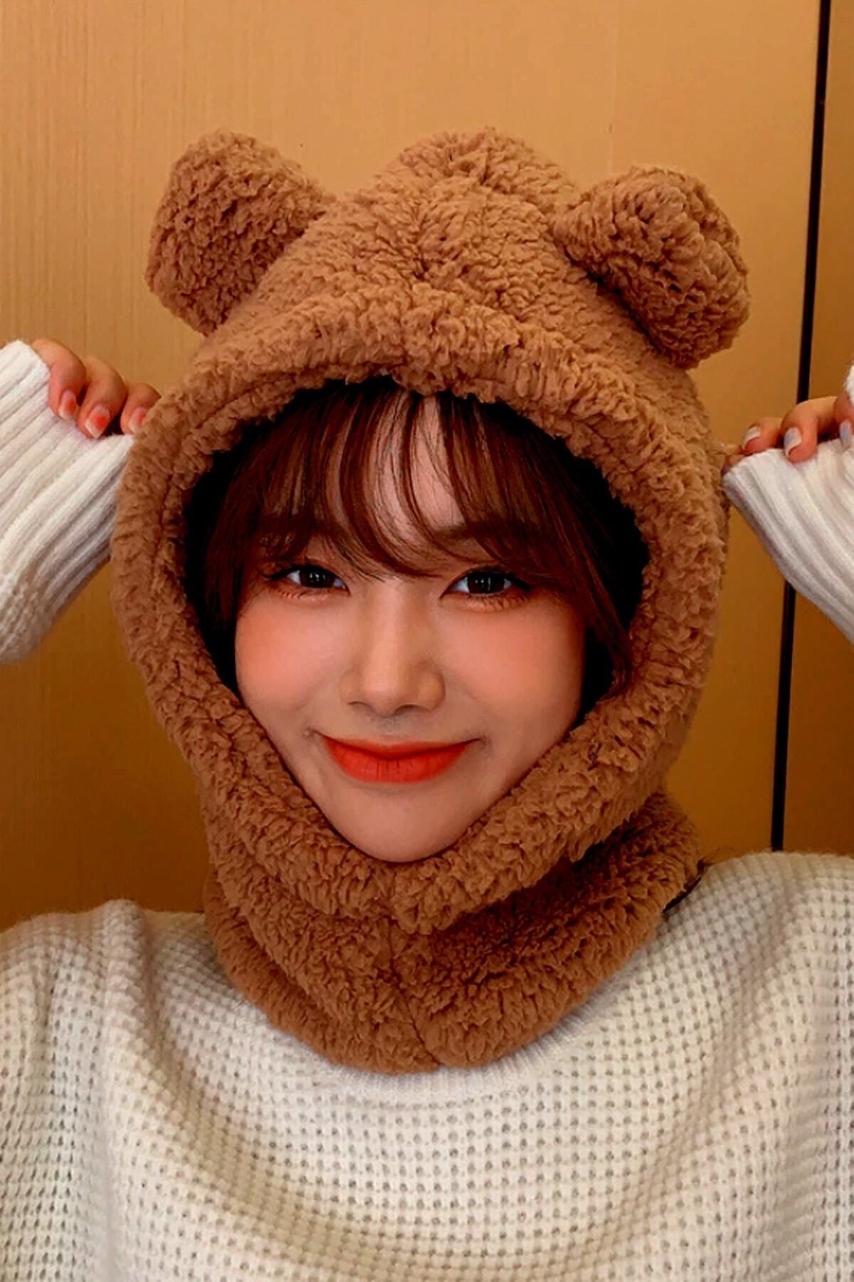 Bundera Kadın Pelüş Kahve Bere Kar Maskesi Boyunluk Termal Welsoft Ayıcık Polar Atkı