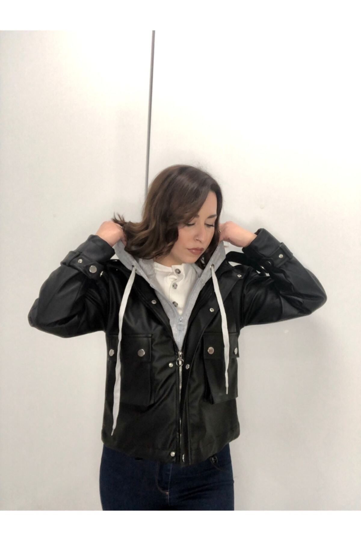 ildanwomen-Coole graue Lederjacke mit Kapuze für Damen 5
