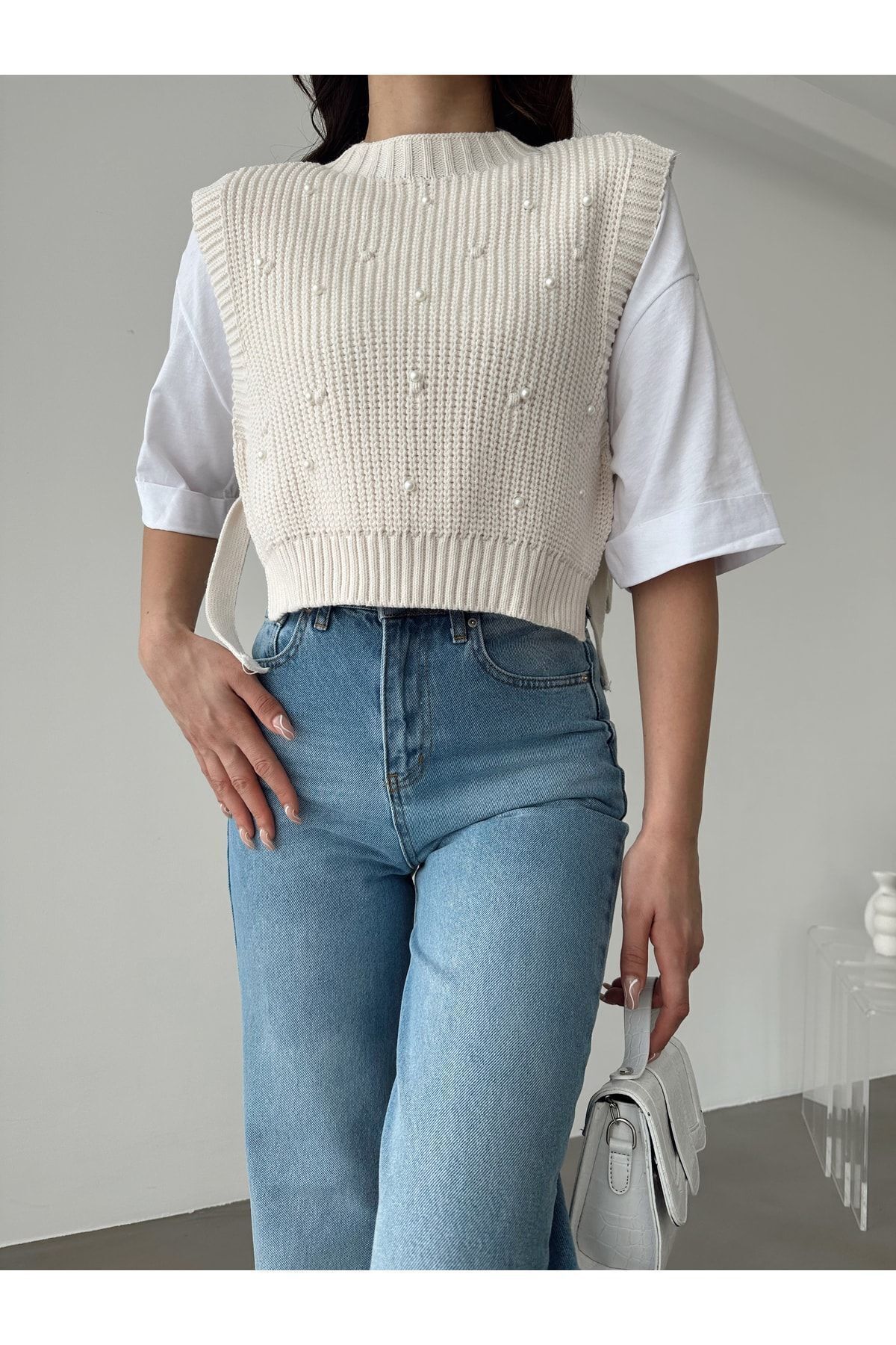 BEJNA Női Stone Side Tie Pearl részletes kötöttáru pulóver