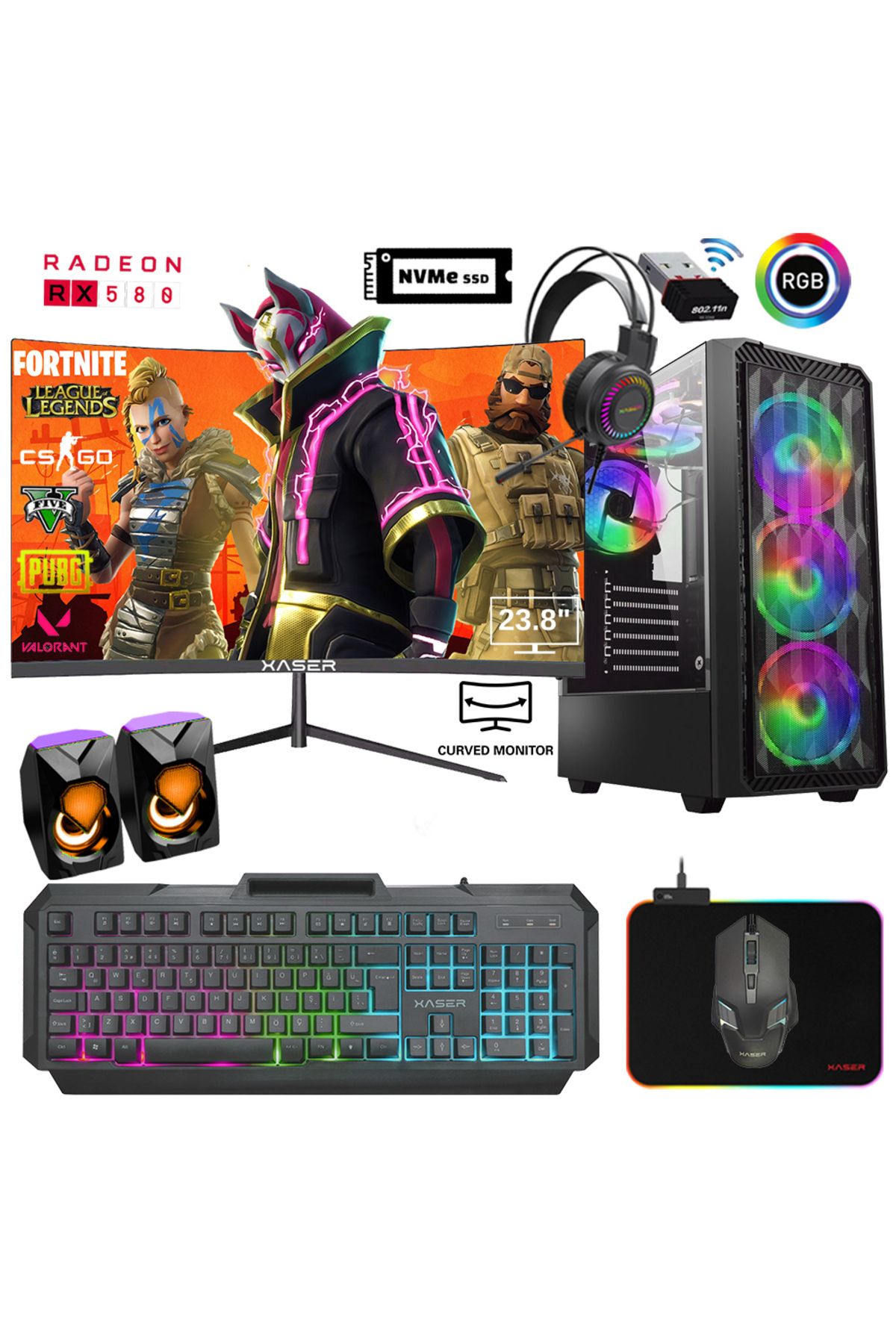 Xsr793 I7 4770 16gb Ram 512gb M.2 Nvme Ssd 8gb Rx580 24" Curved Desktop Gaming PC