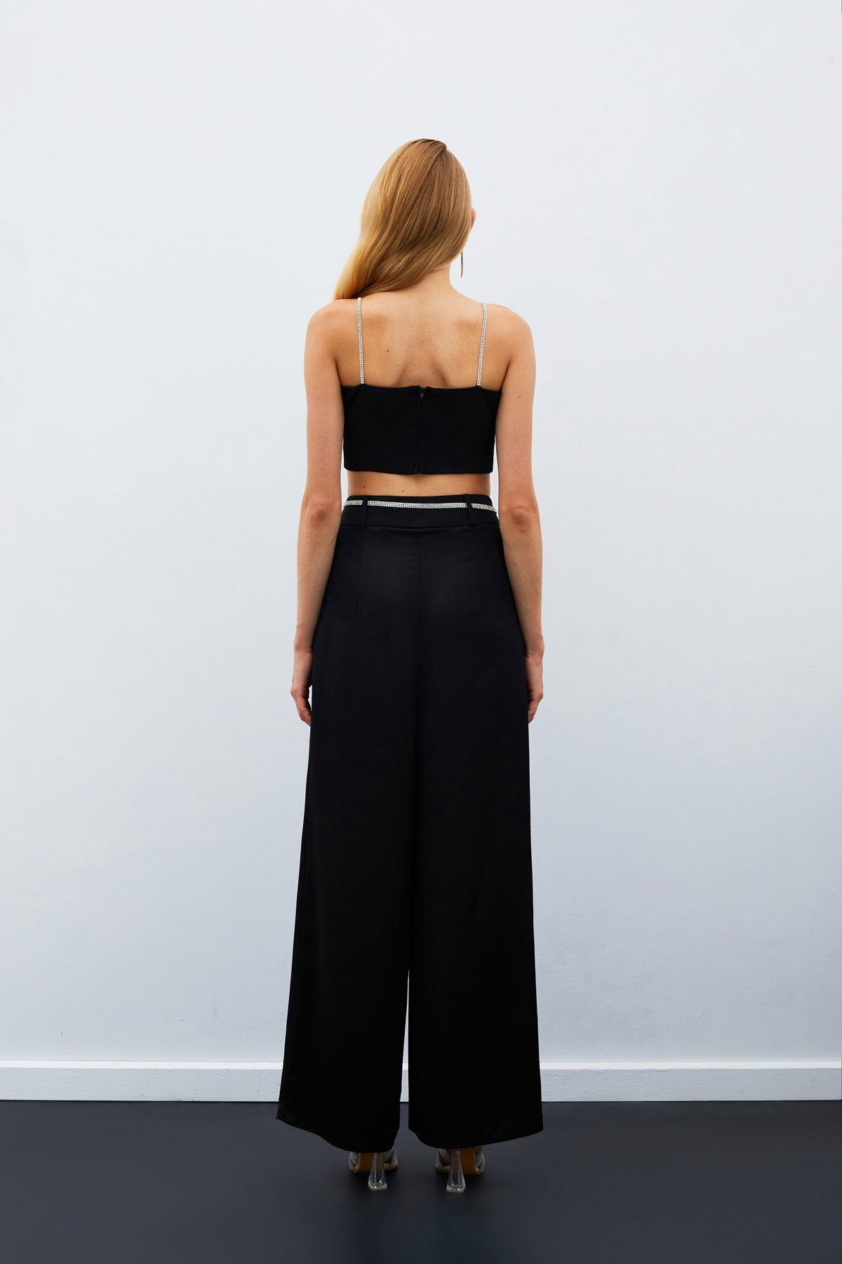 Sateen-Stone Belted Satin Trousers - Black 7