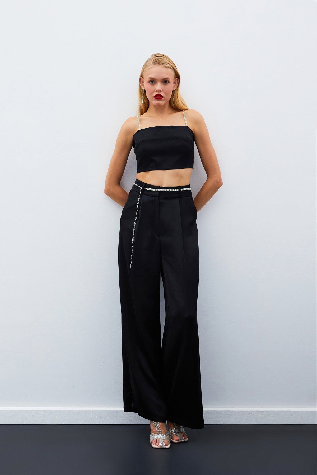 Sateen-Stone Belted Satin Trousers - Black 3