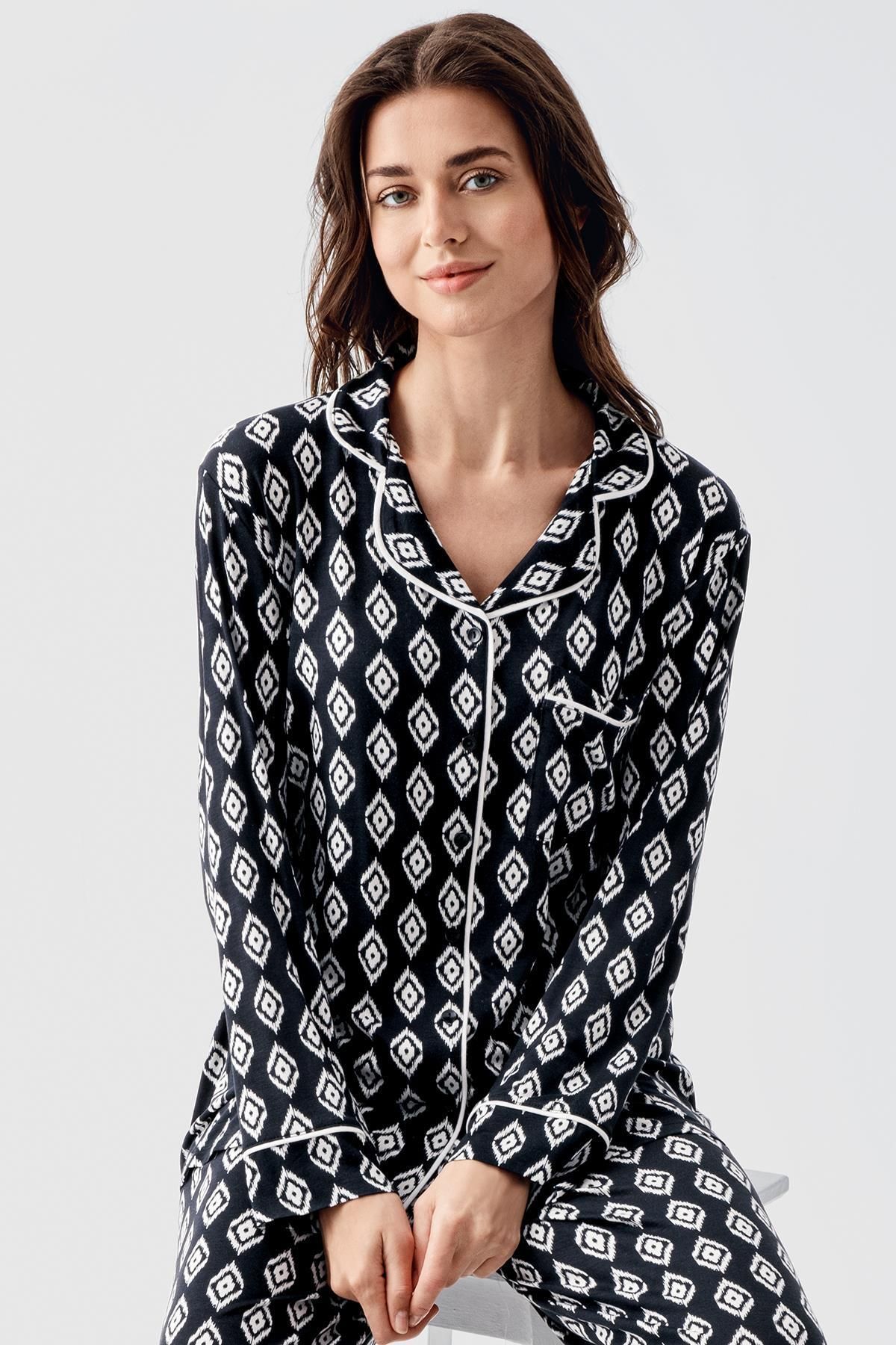 Artış-Flexible Lycra Viscous Pajama Set - Long Sleeve and Buttoned 4
