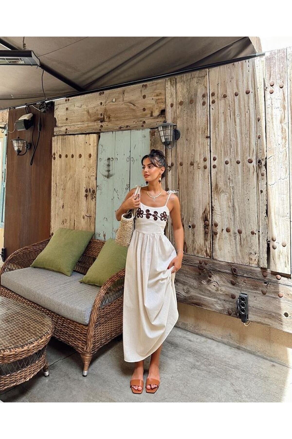 Women's Embroidery Detailed Strappy Linen Dress Ecru