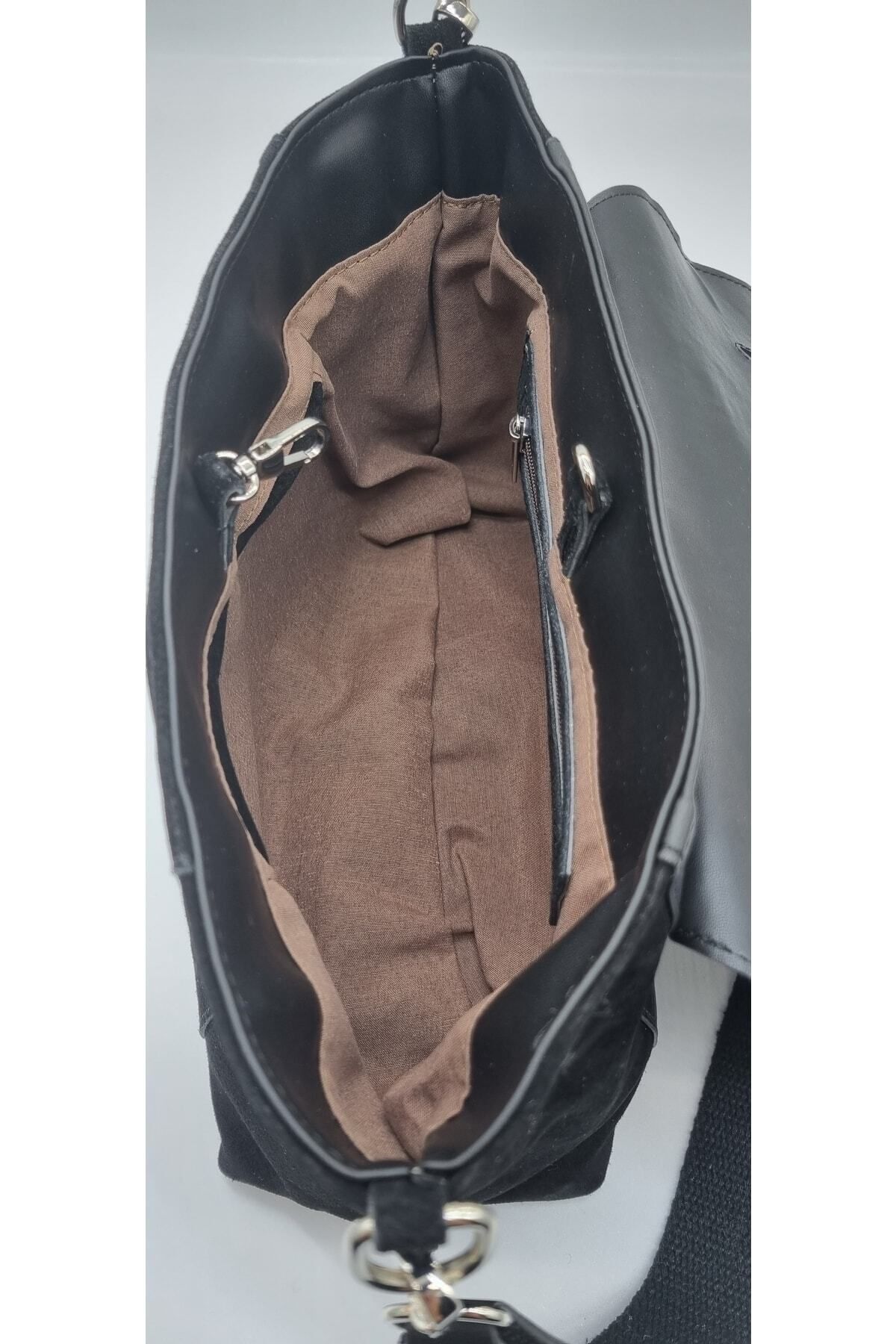 DSN-Suede Genuine Leather & Faux Leather Shoulder Bag Black 5