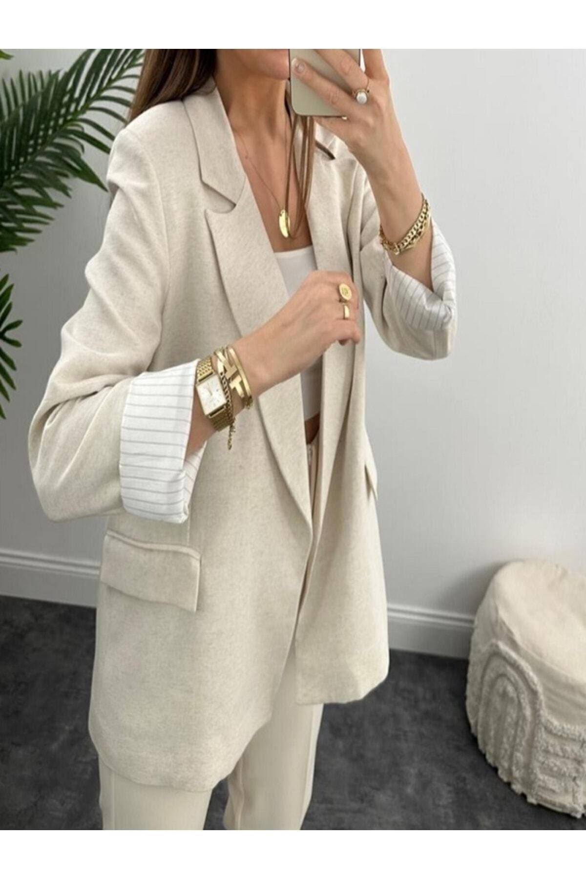 Fast Perry  Içi Marin Astarlı Naturel Keten Yumuşak Blazer Ceket - Görsel 6