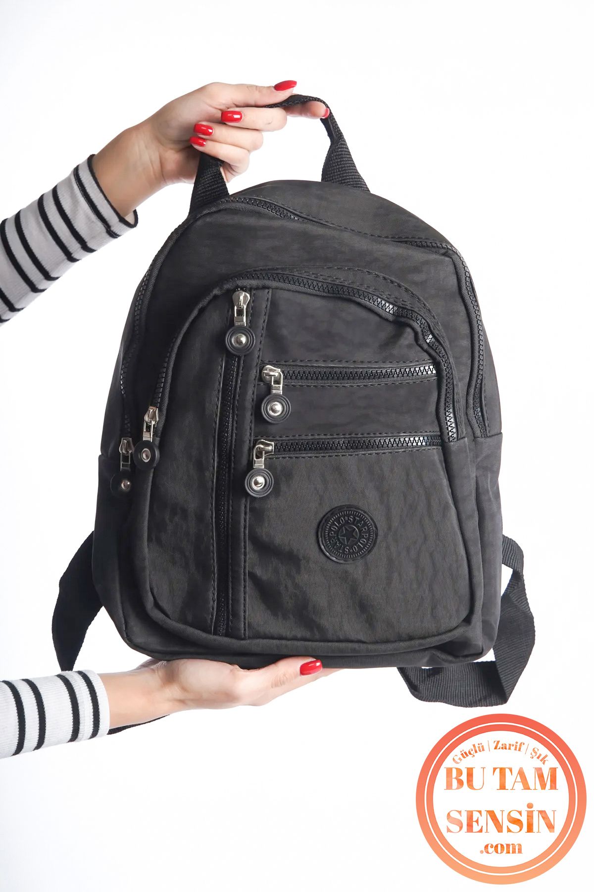 Bu Tam Sensin  Siyah Kadın Su Geçirmez Krinkıl Kumaşlı Fermuarlı 5 Bölmeli Tutma Saplı Orta Boy Sırt Çantası - Görsel 6