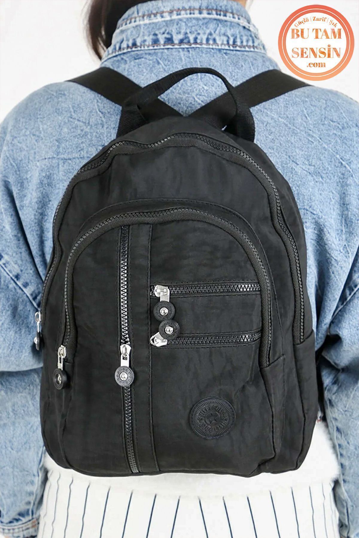 Bu Tam Sensin  Siyah Kadın Su Geçirmez Krinkıl Kumaşlı Fermuarlı 5 Bölmeli Tutma Saplı Orta Boy Sırt Çantası - Görsel 3