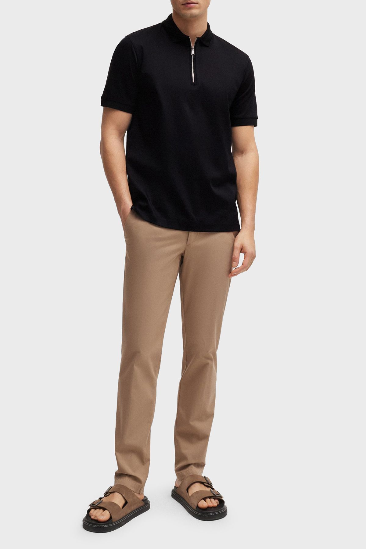 تی شرت یقه پولو مشکی مردانه پنبه اسکینی فیت Zipper Polo Yaka Tring 's 001 BOSS