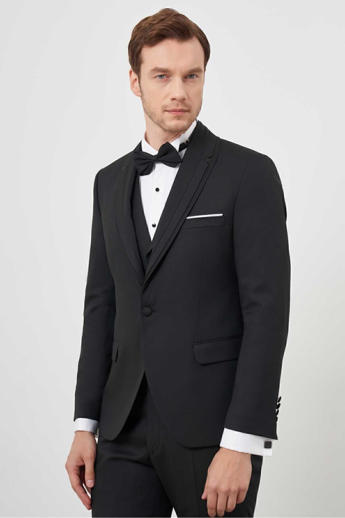 اسموکینگ مشکی مردانه الگوی سیاه و سفید SLIM FIT Morven