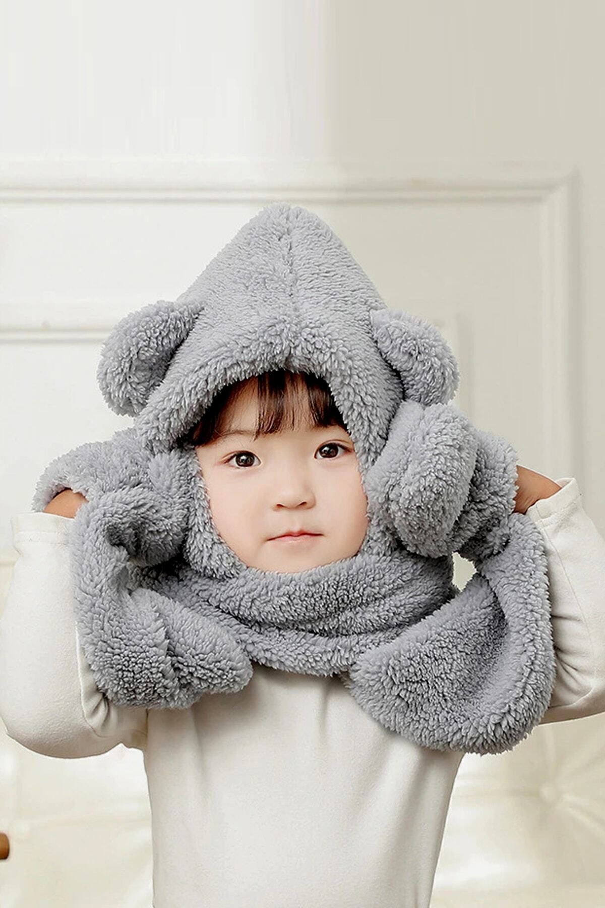 Bundeba-Gray Children's Hooded Plush Beanie Scarf Gloves Welsoft Neck Collar Windproof Hat with Ears 4