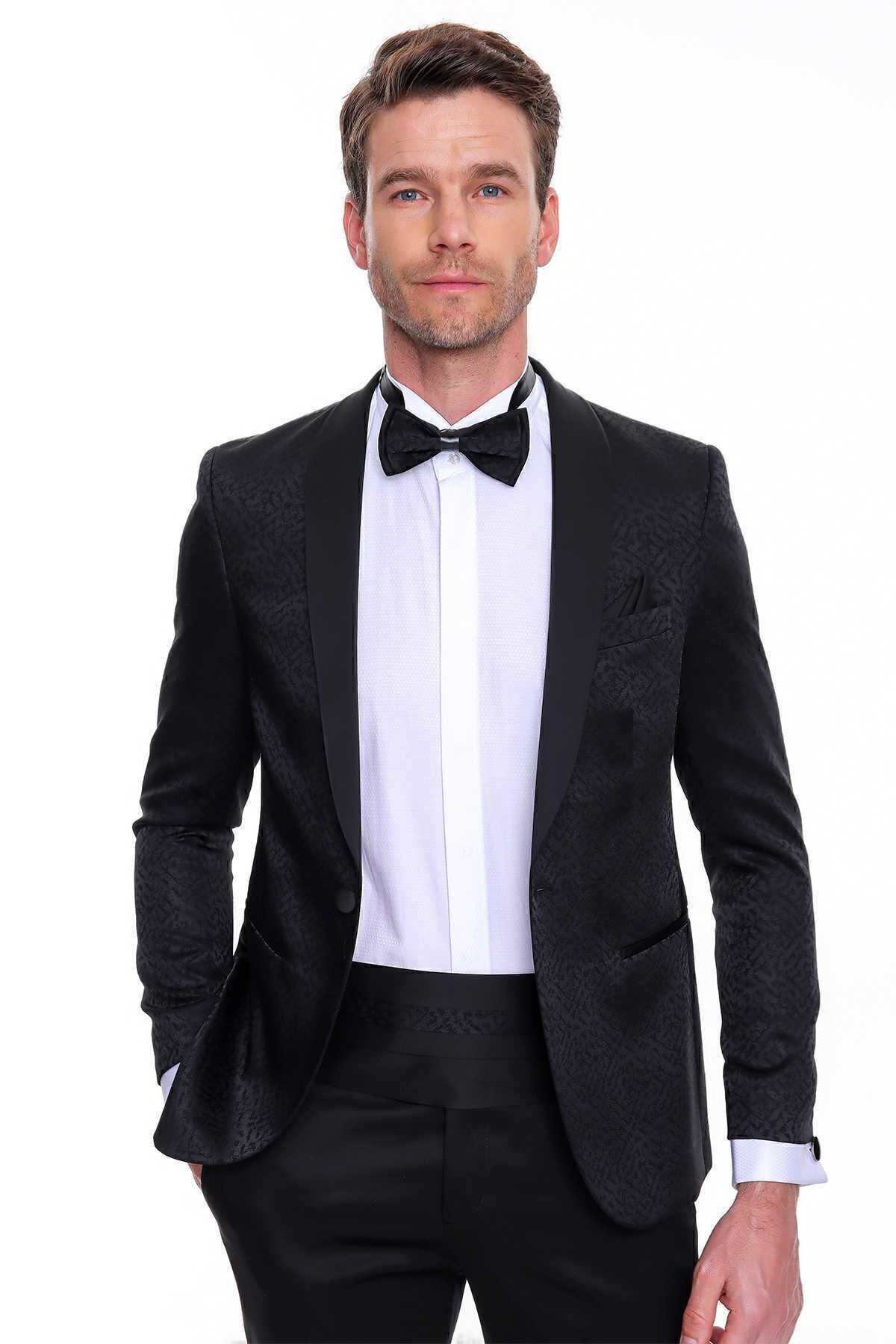 Morven-Мъжки черен Guisa Slim Fit Slim Fit жакардов смокинг 5