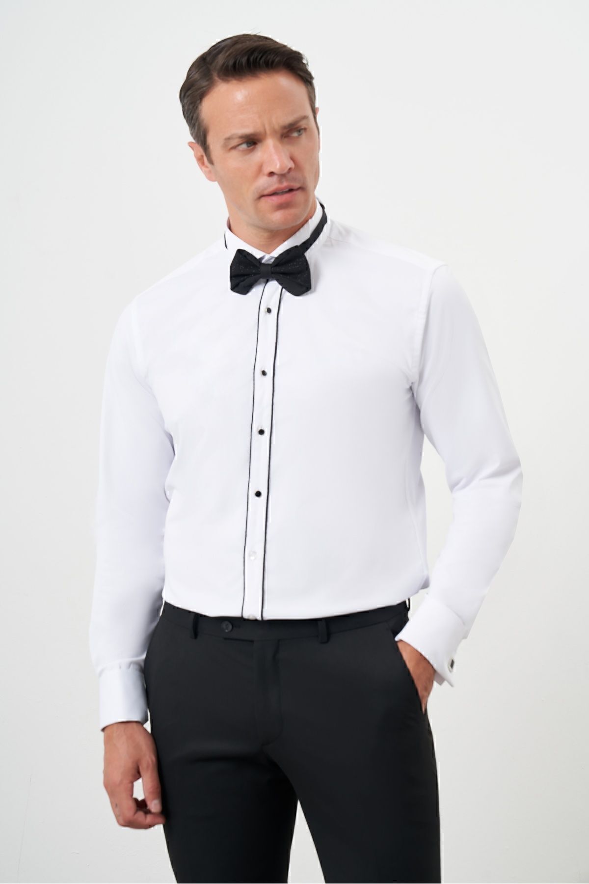 پیراهن / بلوز دکمه دار مشکی مردانه آهنگ های سیاه الگوی مستقیم ATA YAKA SLIM FIT Morven