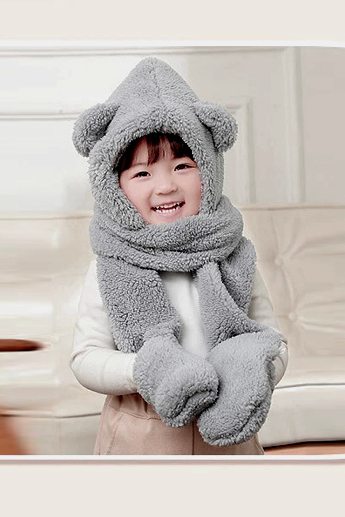 Bundeba-Gray Children's Hooded Plush Beanie Scarf Gloves Welsoft Neck Collar Windproof Hat with Ears 2