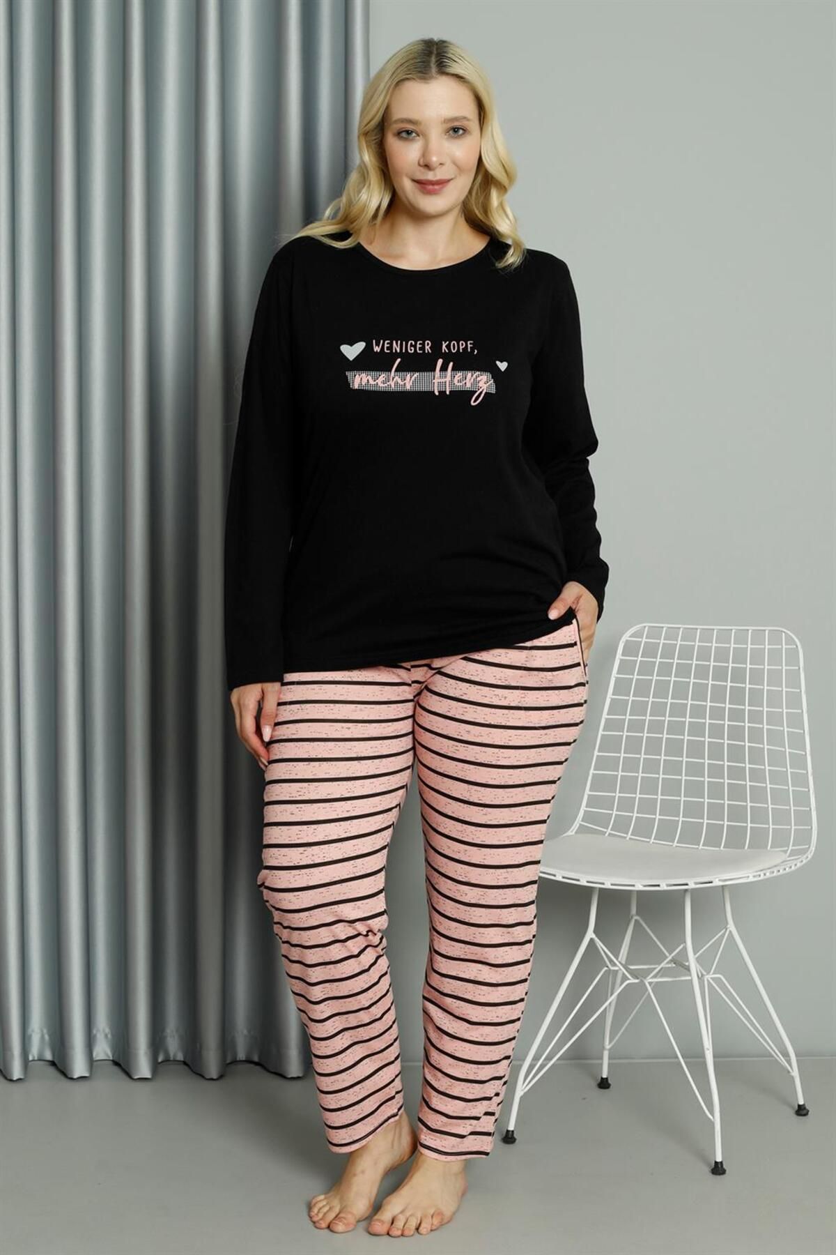 Akbeniz Set De Pijamale Cu Mâneci Lungi Din Bumbac Pieptănat De Mărime Mare Pentru Femei Femeie - 3XL