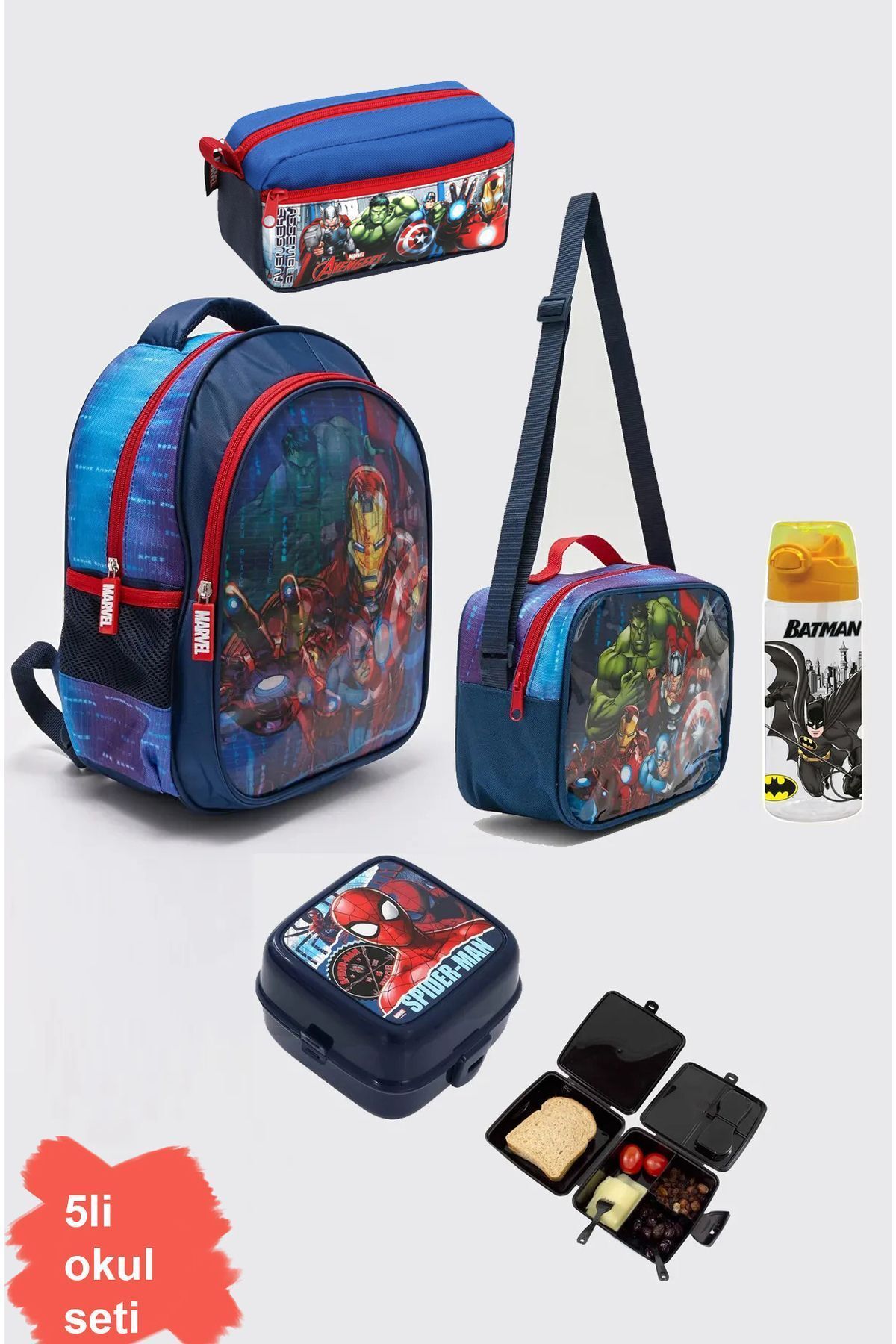 AVENGERS Yenilmezler Lisanslı ilk Okul Çantası + Beslenme Çantası + Kalemkutu + Suluk + Kab (5li Set)