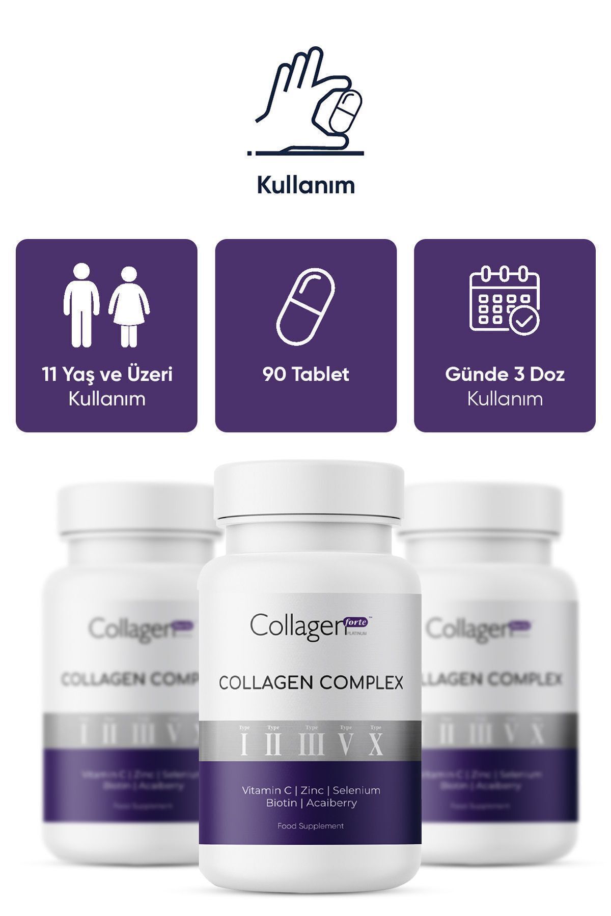 Collagen Forte Platinum-5 Types Collagen Complex Type 1,2,3.5, And Type 10 Biotin, Zinc, Selenium, Vitamin C & Acae, 90 Tablets 4