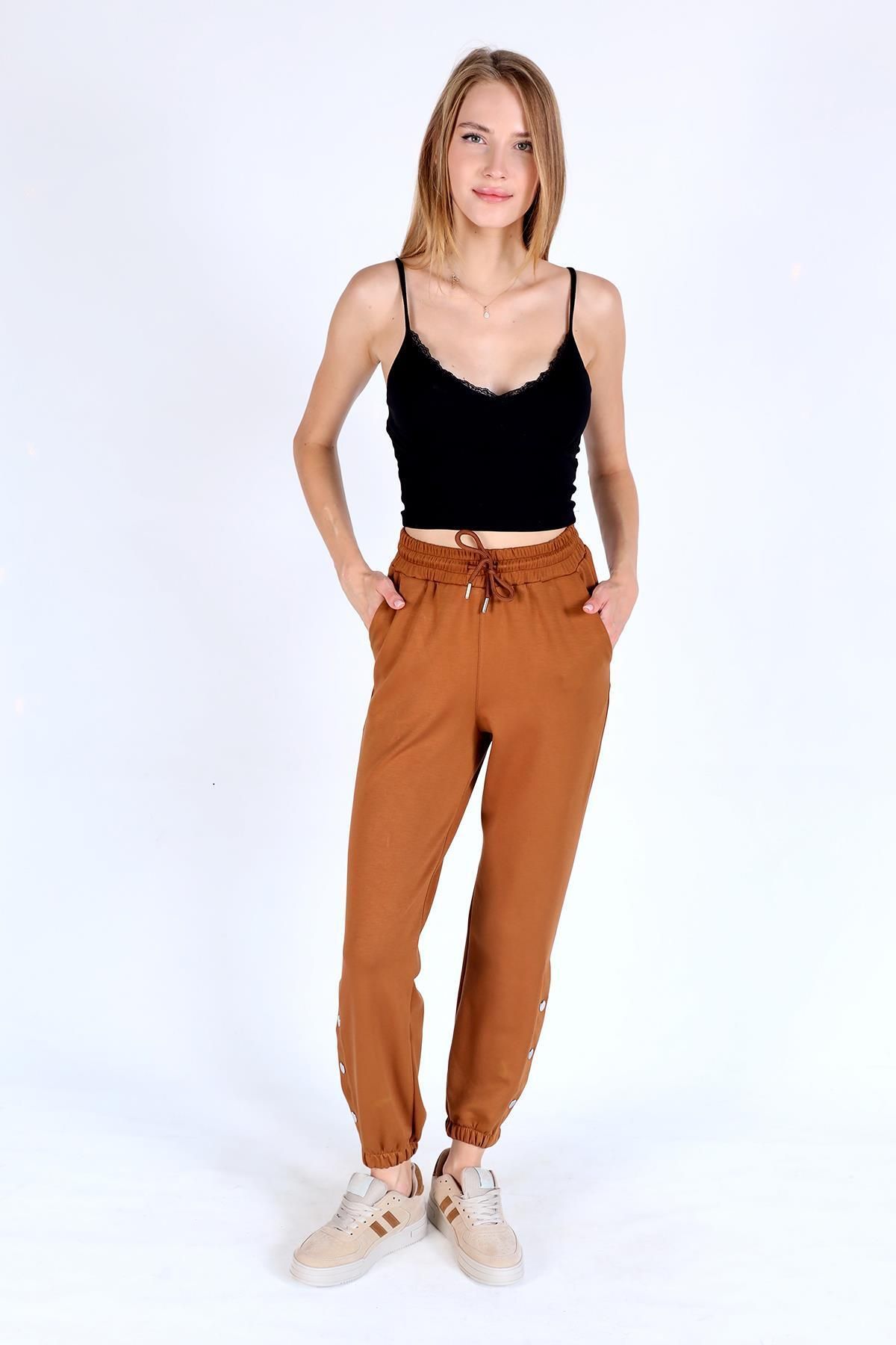 Rays-4281A Model Tan Colored Sweatpants with Snap Fastener 2