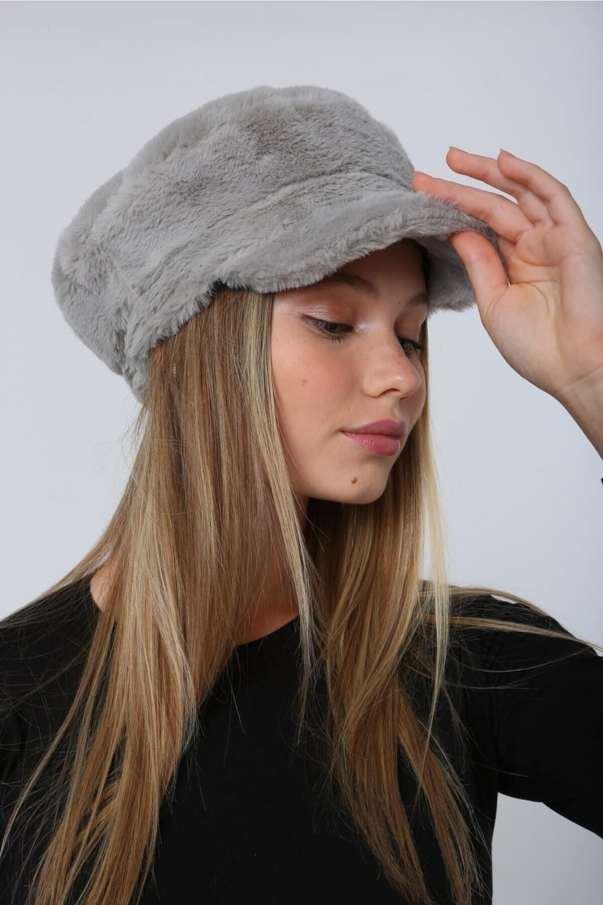 Luminos Butik-Pălărie gri de iarnă - Accesoriu din blană groasă, caldă, pufoasă Spk1128 4