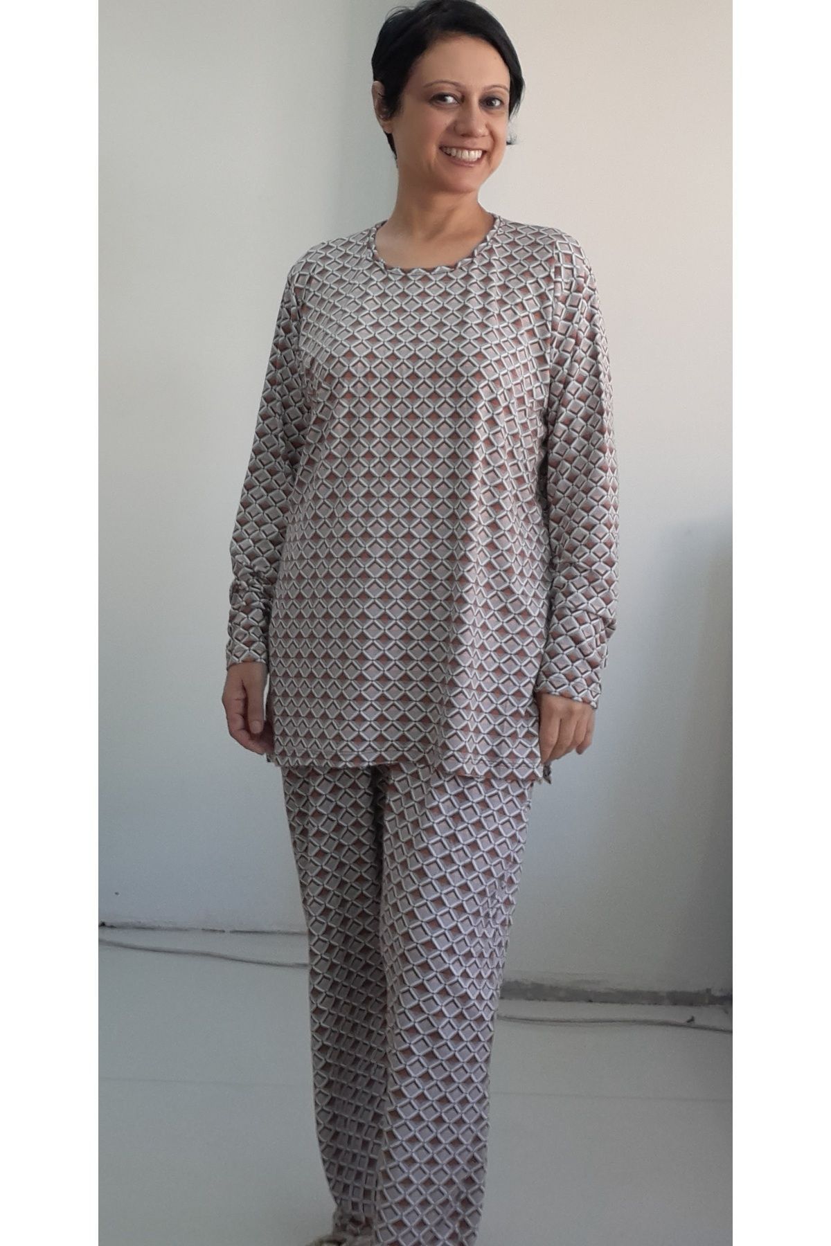 Mertcan Butik-Mink Brown Patterned Combed Cotton Viscose Pajama Set - Top and Bottom Set 4