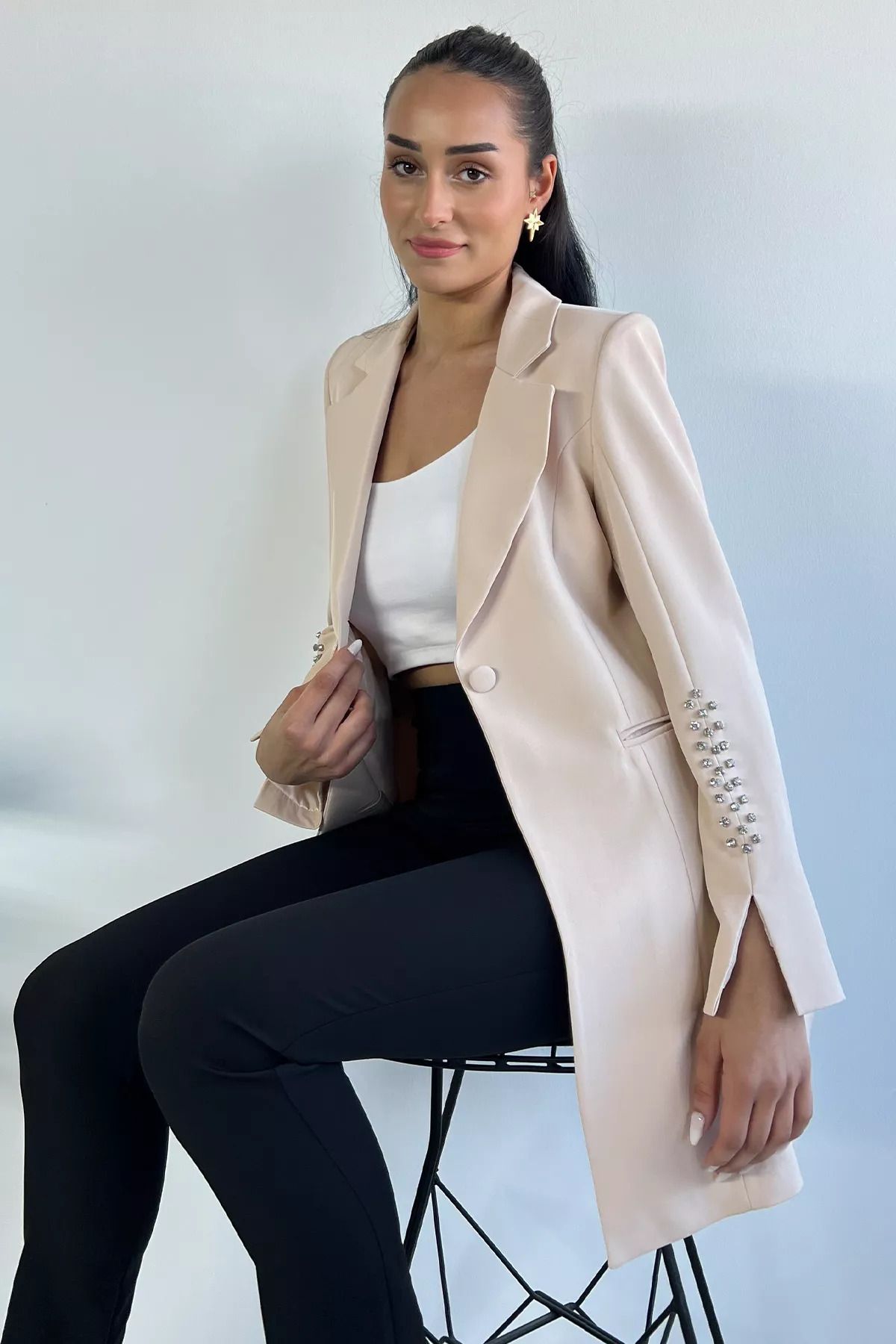 GÜLSELİ-Beige Women's Long Blazer Jacket with Stone Detail 2